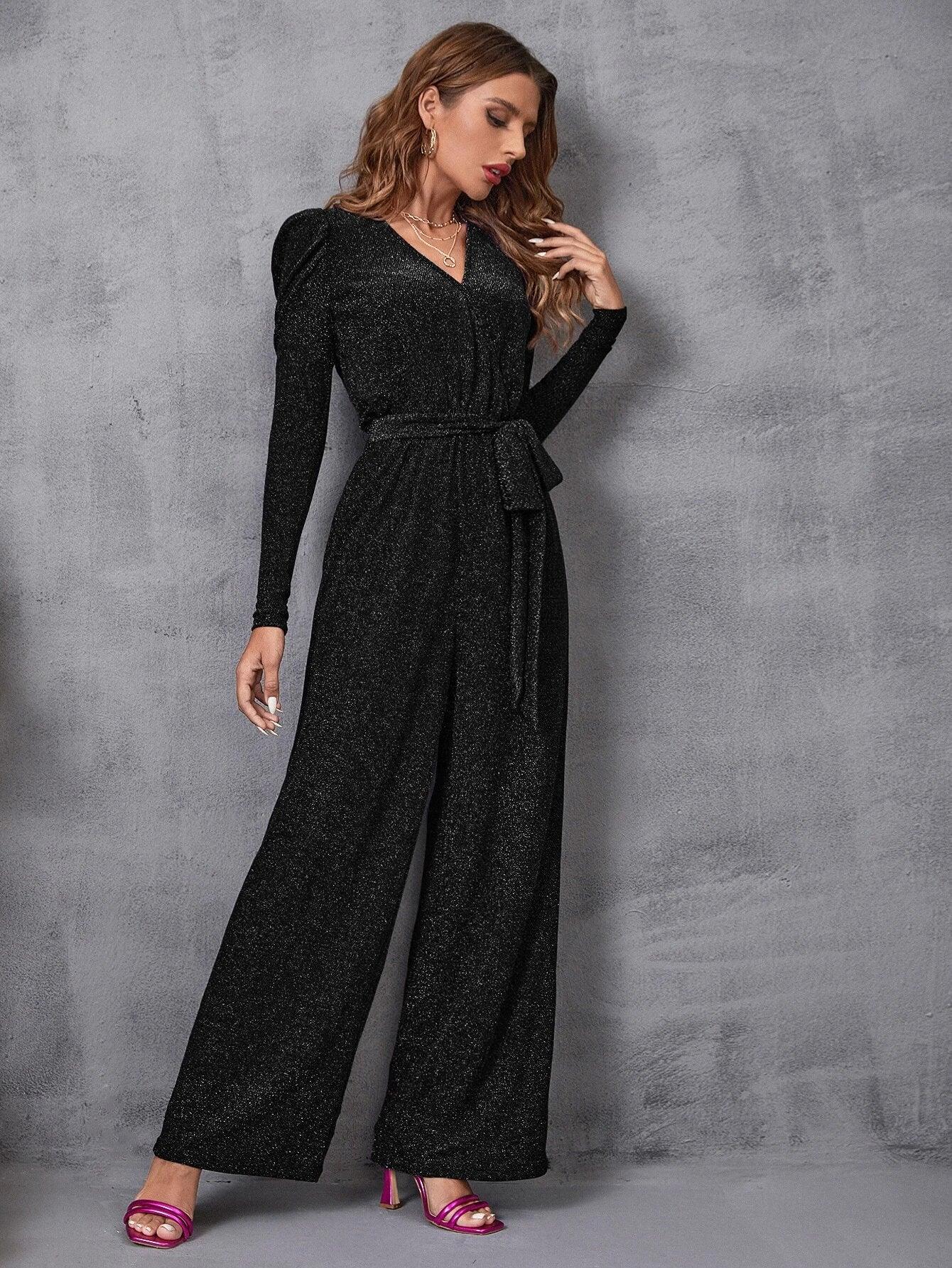 Surplice Neck Gigot Sleeve Belted Glitter Jumpsuit-Comfy Jumpsuits