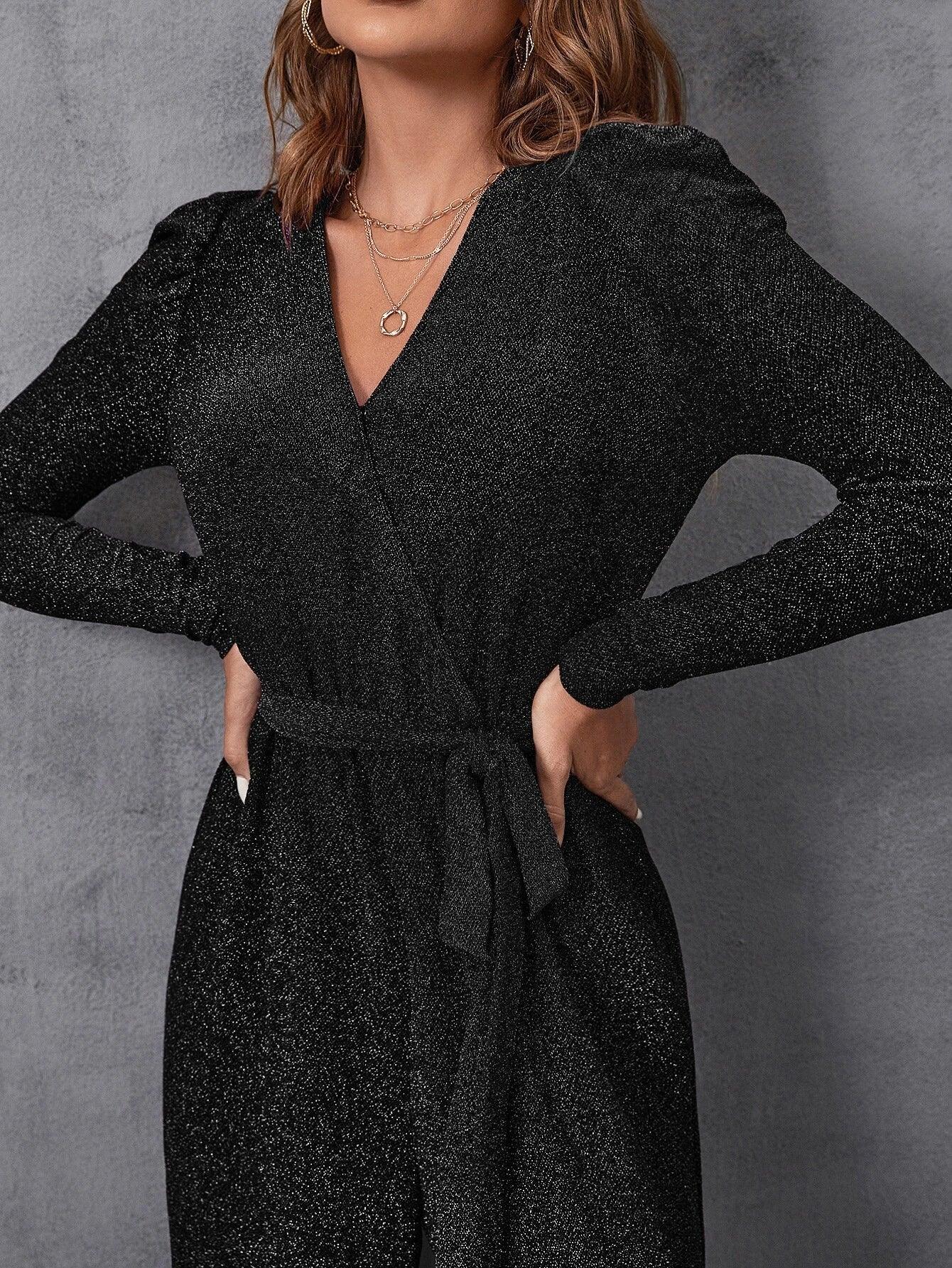 Surplice Neck Gigot Sleeve Belted Glitter Jumpsuit-Comfy Jumpsuits