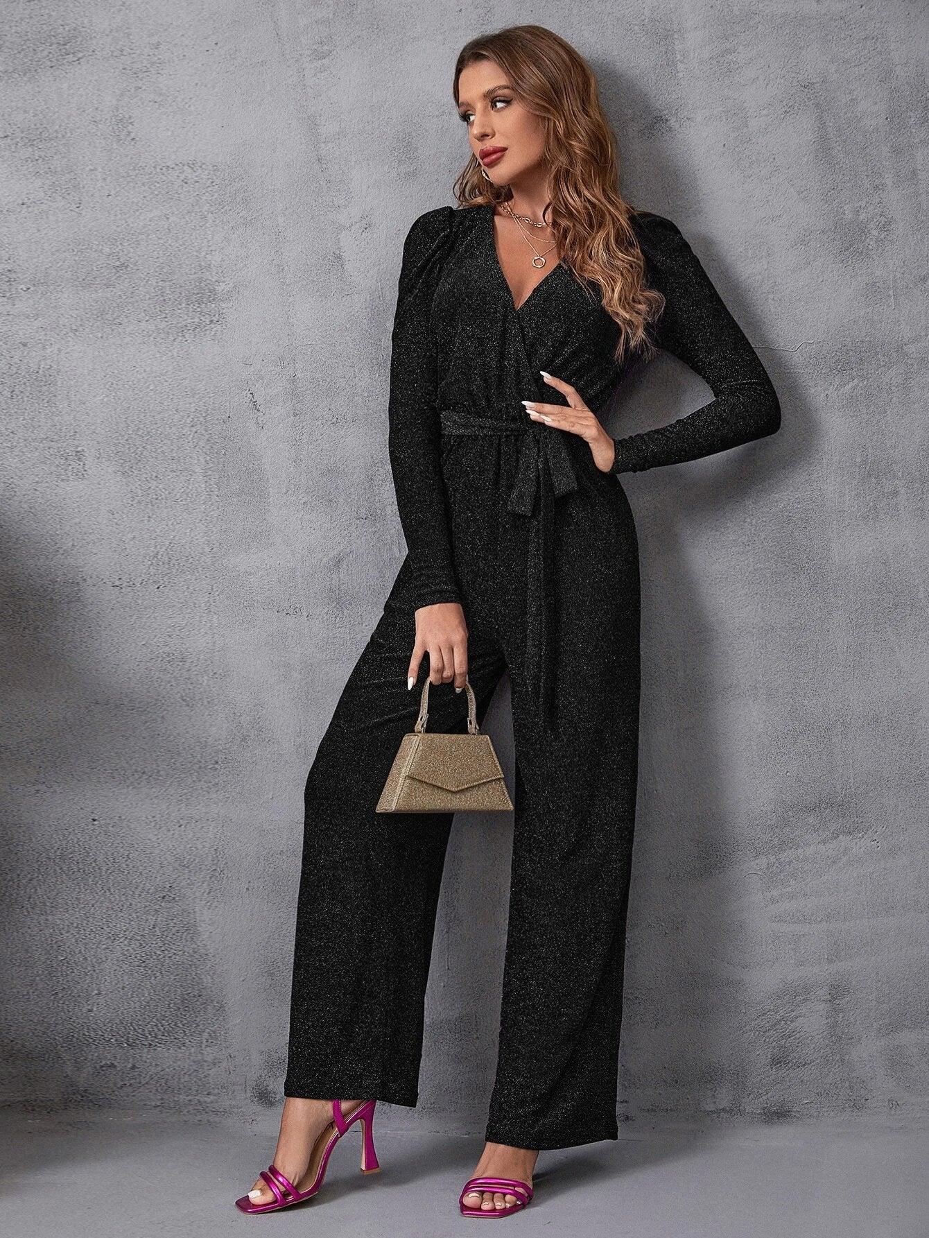 Surplice Neck Gigot Sleeve Belted Glitter Jumpsuit-Comfy Jumpsuits