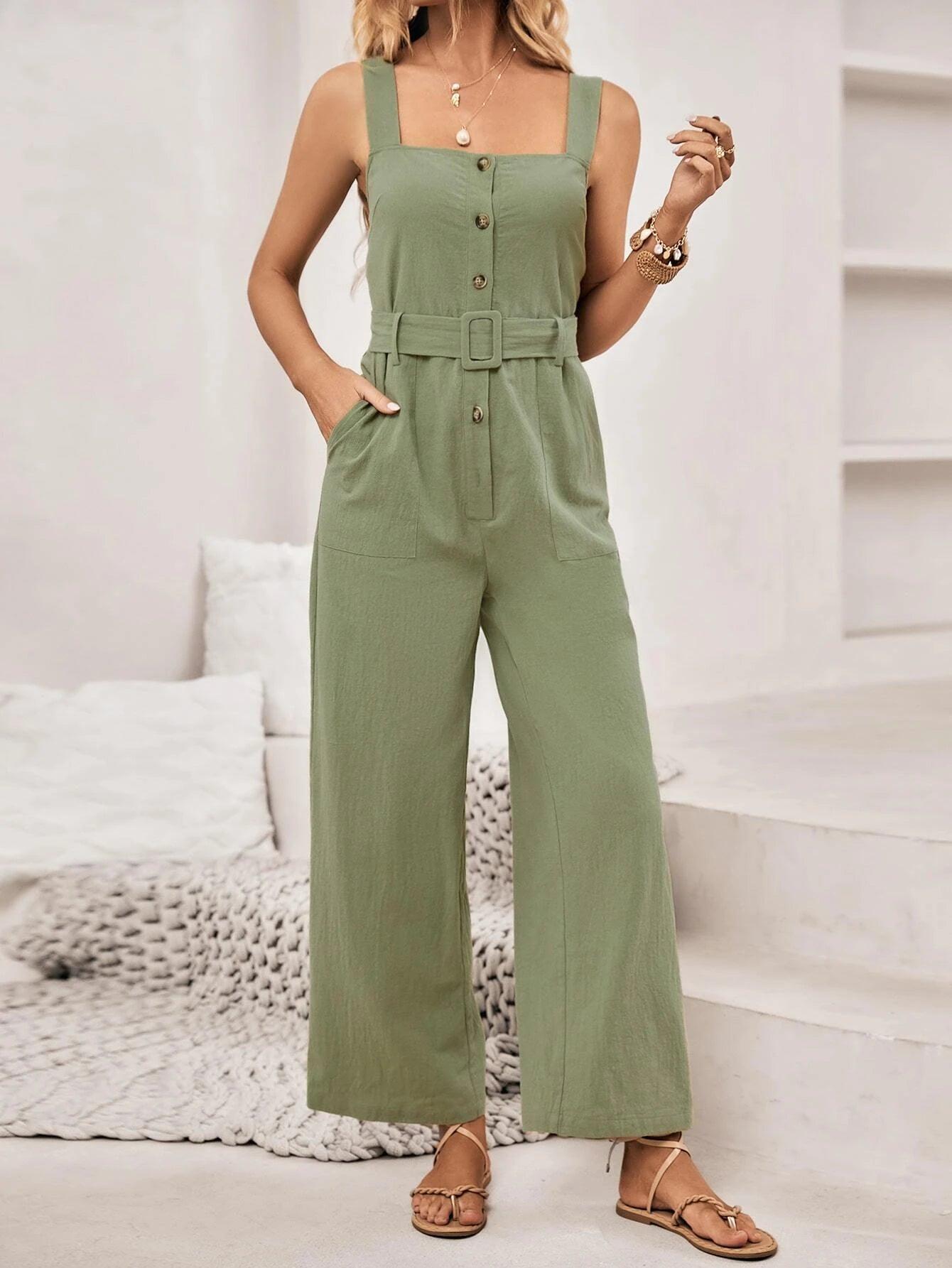 Button Front Belted Cami Jumpsuit-Comfy Jumpsuits