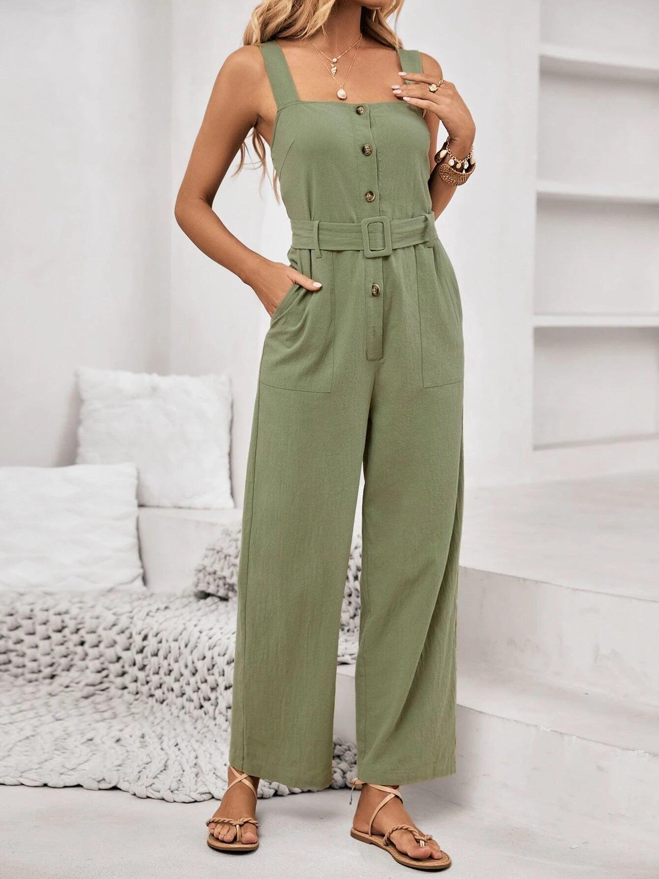 Button Front Belted Cami Jumpsuit-Comfy Jumpsuits