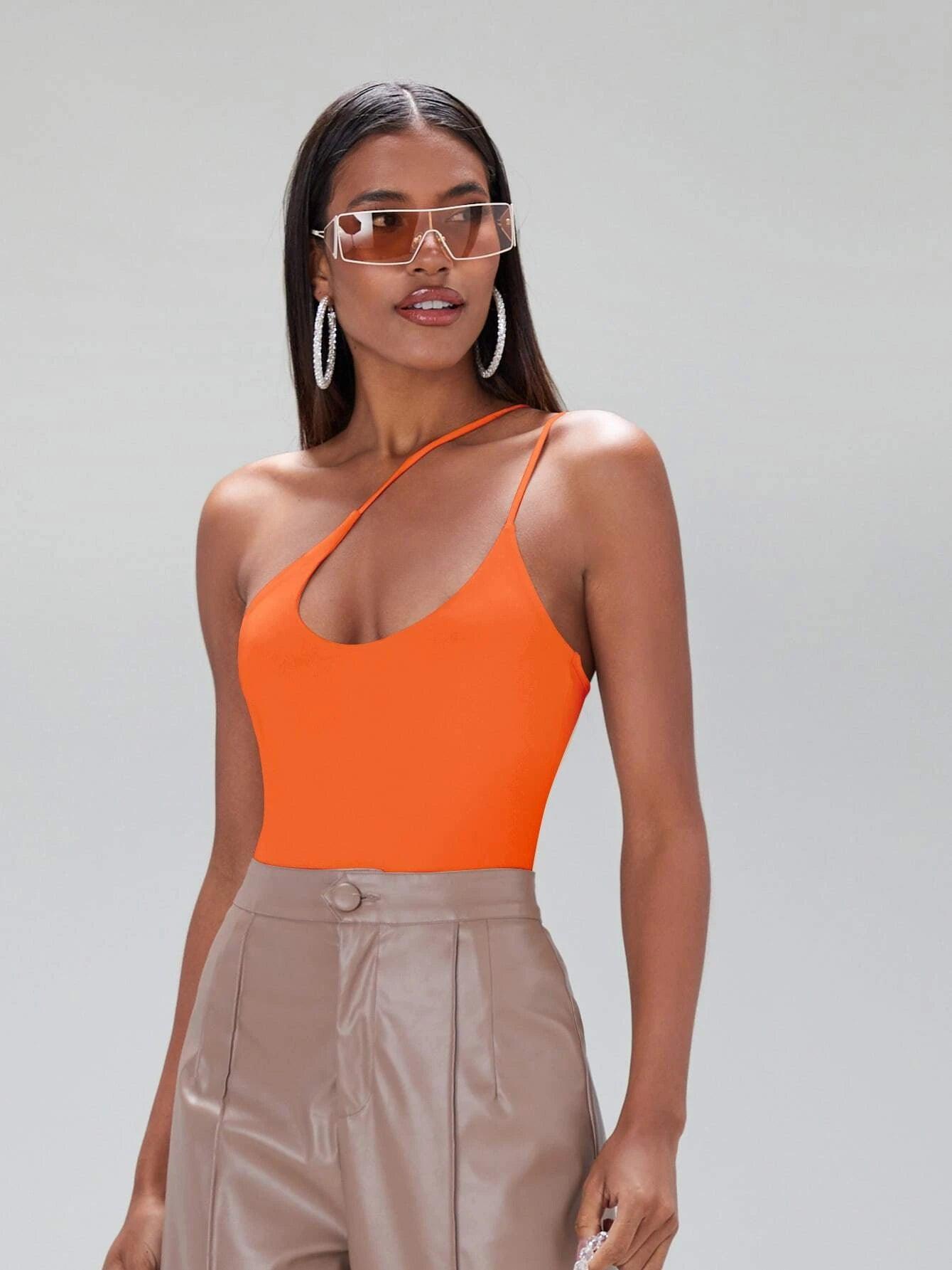 One Shoulder Solid Coloured Bodysuit-Comfy Jumpsuits