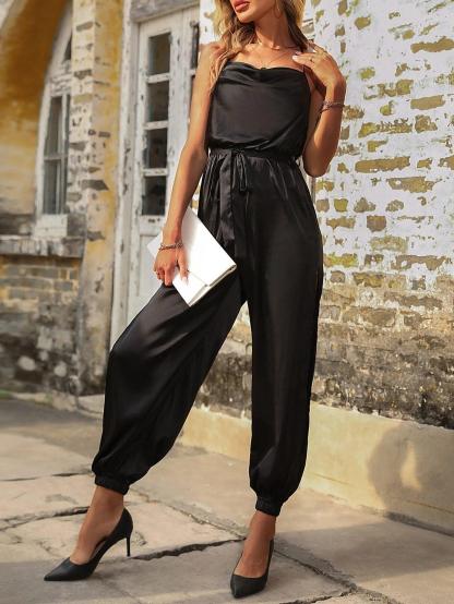Solid Detail Belted Cami Jumpsuit-Comfy Jumpsuits