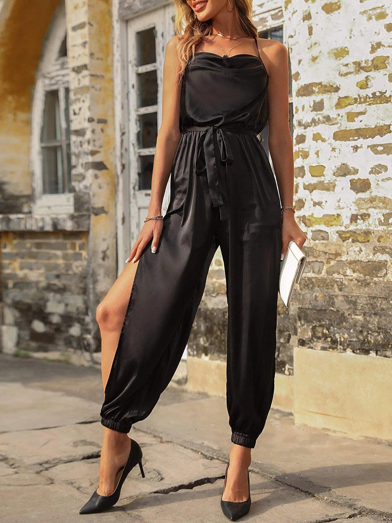 Solid Detail Belted Cami Jumpsuit-Comfy Jumpsuits