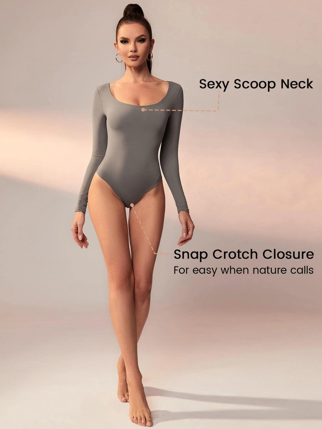 Scoop Neck High Stretch Long Sleeve Slim Fit Thong Bodysuit-Comfy Jumpsuits