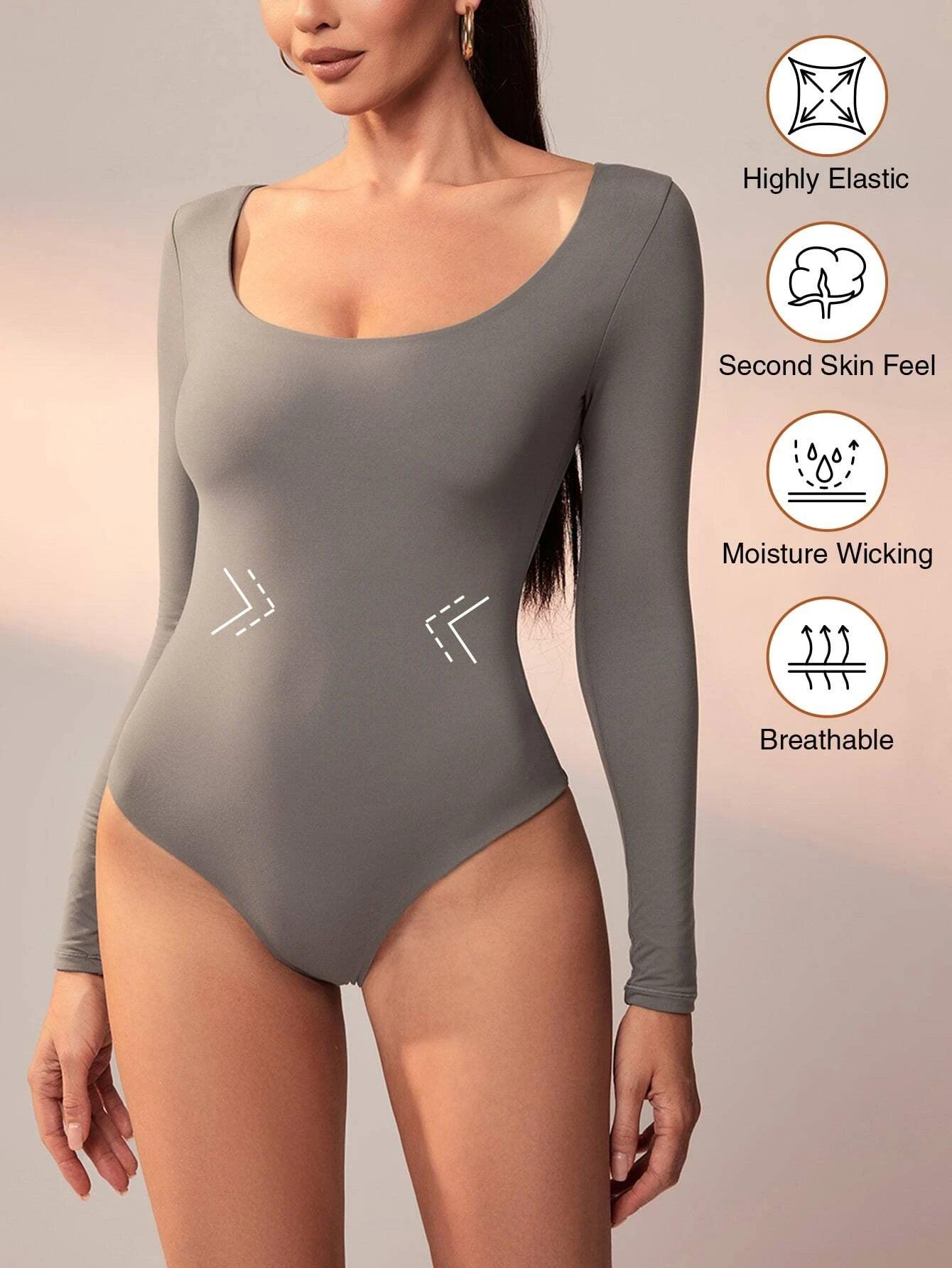 Scoop Neck High Stretch Long Sleeve Slim Fit Thong Bodysuit-Comfy Jumpsuits