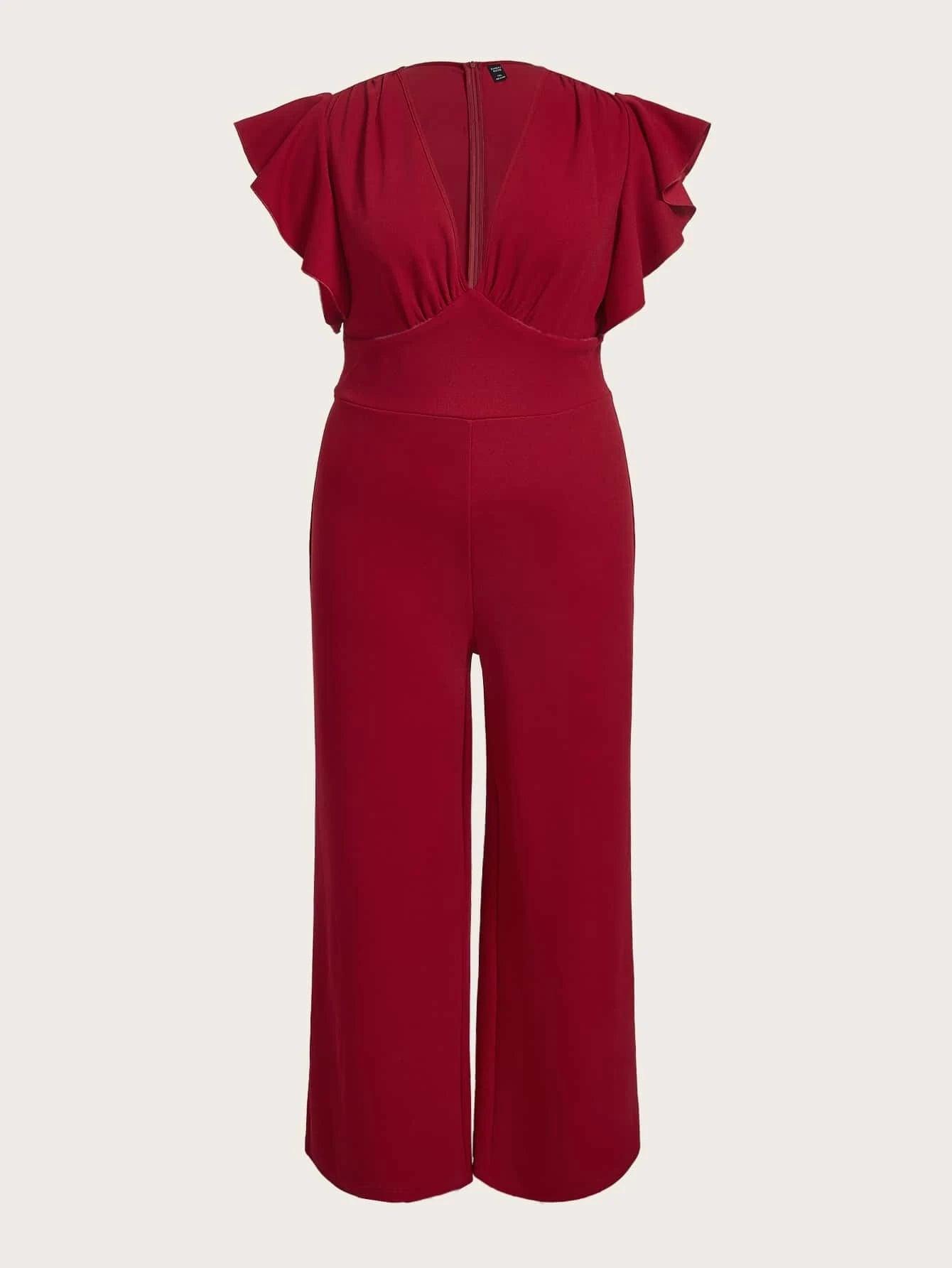 Plus Plunging Neck Ruffle Trim Jumpsuit-Comfy Jumpsuits