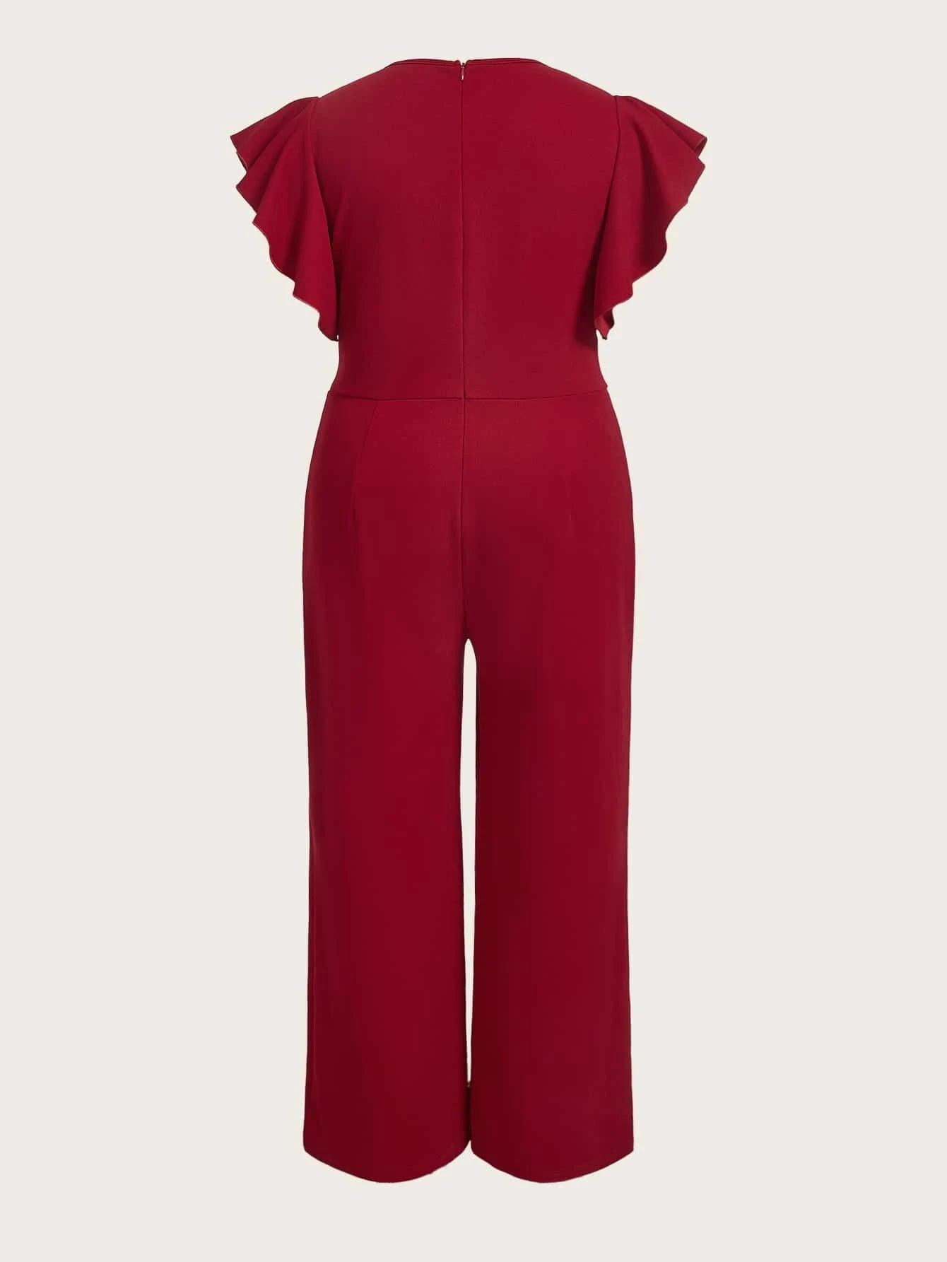 Plus Plunging Neck Ruffle Trim Jumpsuit-Comfy Jumpsuits