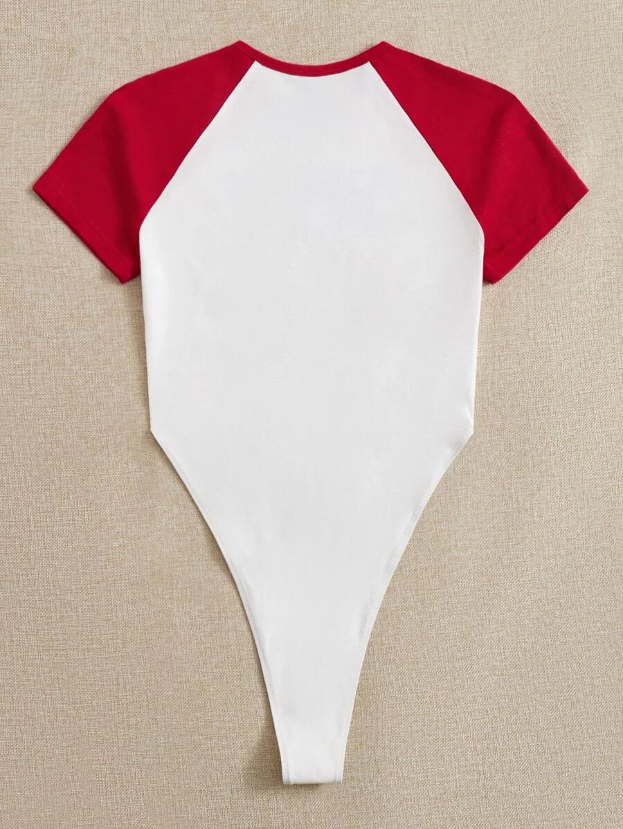 Casual Round Neck Graphic Raglan Sleeve Bodysuit-Comfy Jumpsuits