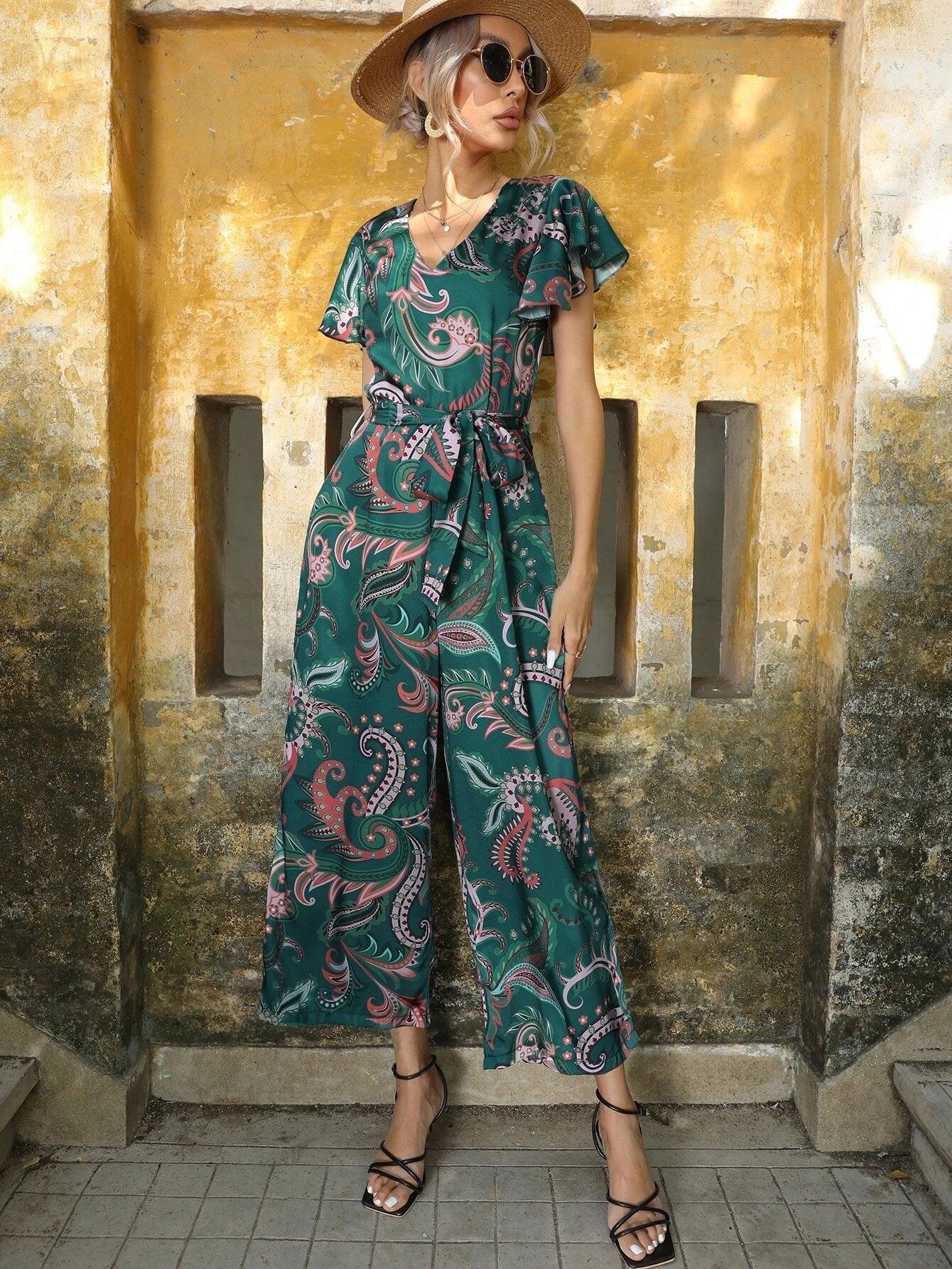 Paisley Print Butterfly Sleeve Jumpsuit-Comfy Jumpsuits