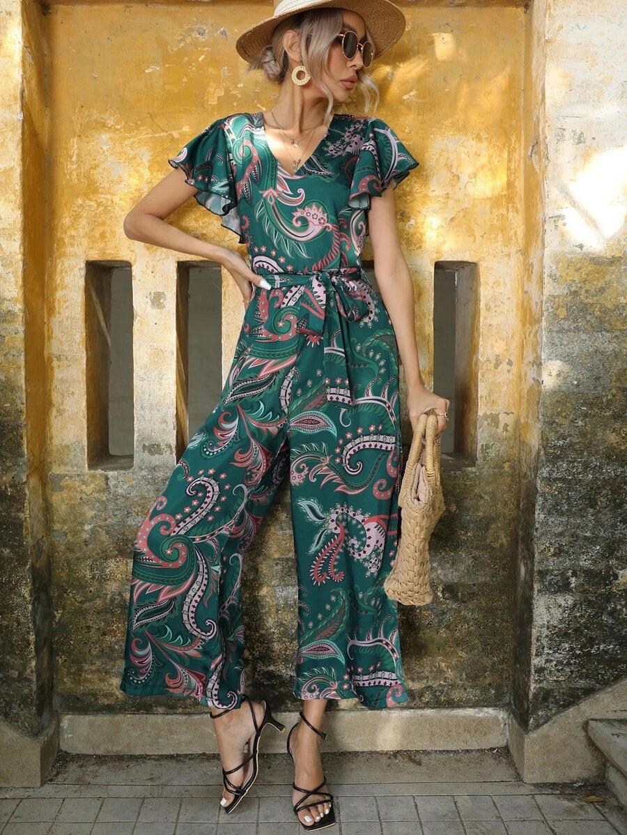 Paisley Print Butterfly Sleeve Belted Wide Leg Jumpsuit-Comfy Jumpsuits