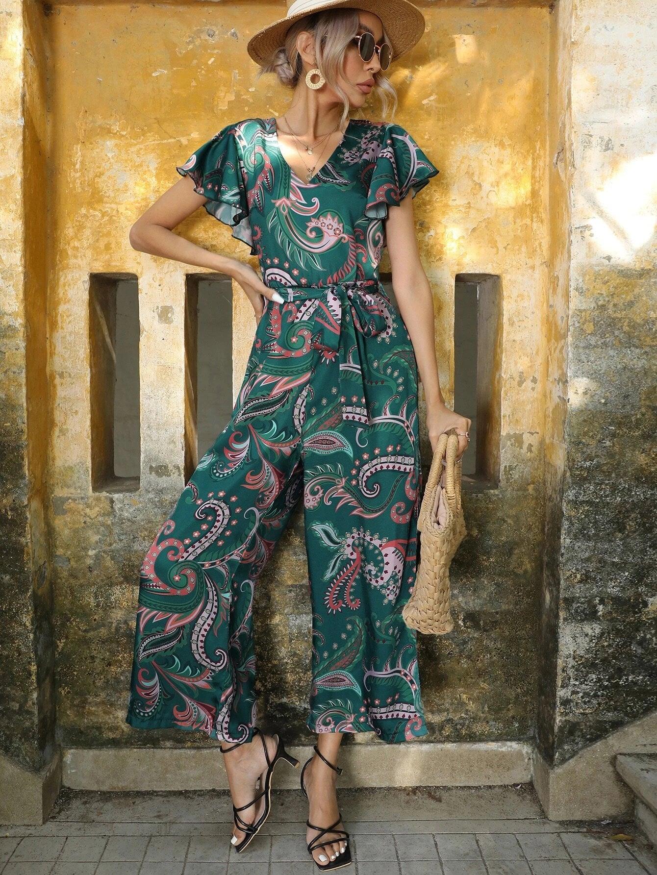 Paisley Print Butterfly Sleeve Jumpsuit-Comfy Jumpsuits
