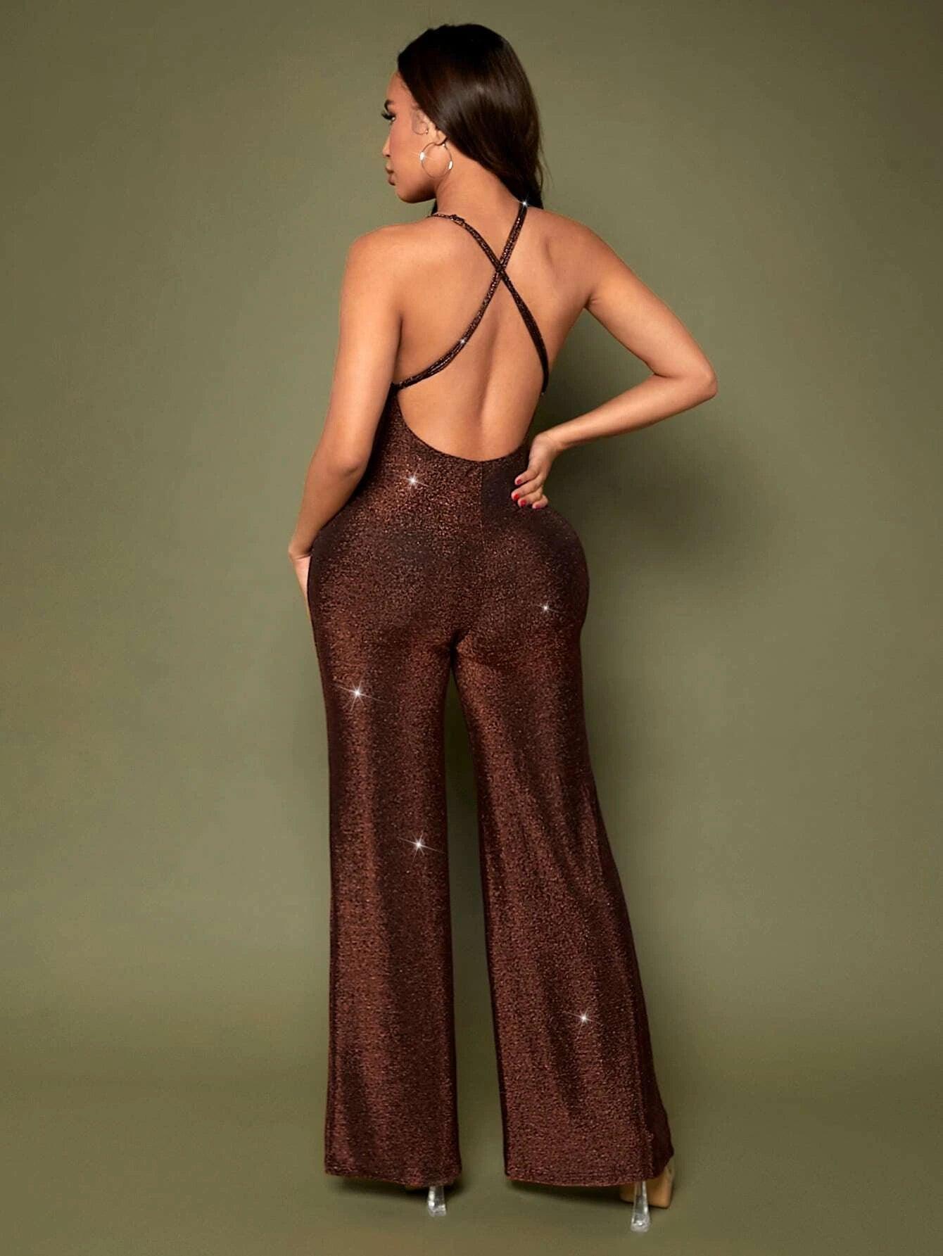 Crisscross Backless Cami Brown Jumpsuit-Comfy Jumpsuits