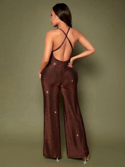 Crisscross Backless Cami Brown Jumpsuit-Comfy Jumpsuits