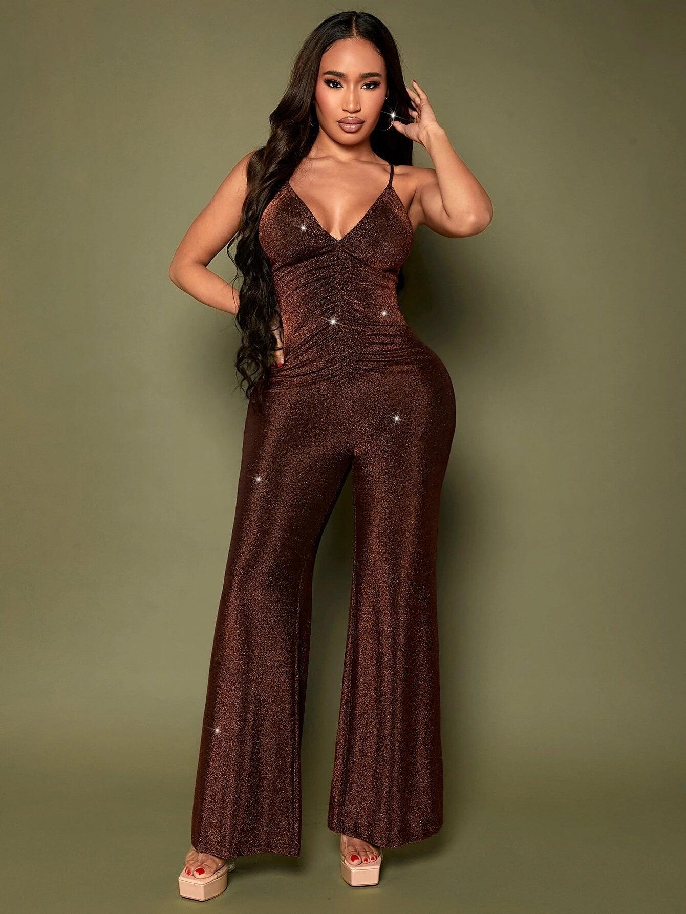 Crisscross Backless Cami Brown Jumpsuit-Comfy Jumpsuits