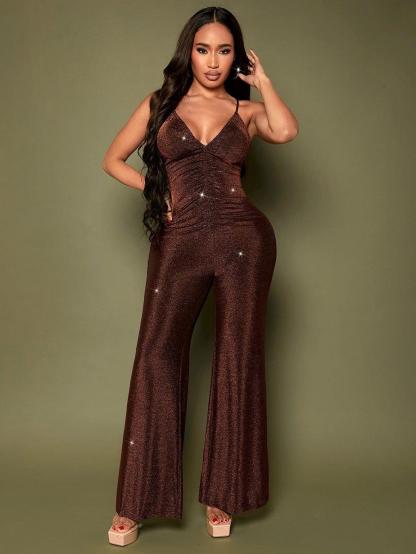 Crisscross Backless Cami Brown Jumpsuit-Comfy Jumpsuits