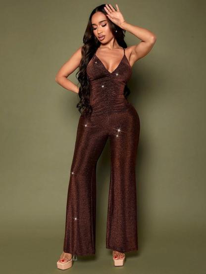 Crisscross Backless Cami Brown Jumpsuit-Comfy Jumpsuits
