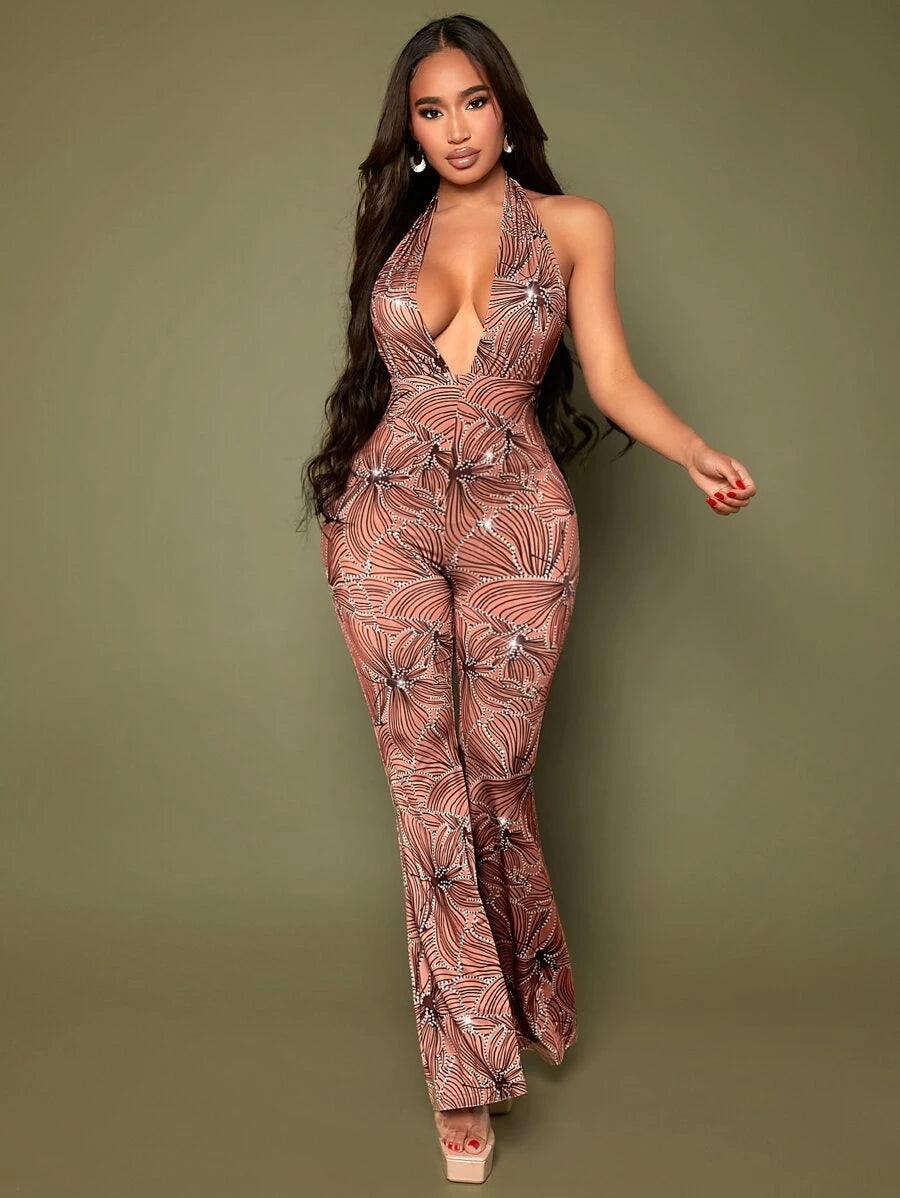 Allover Print Tie Backless Ruffle Jumpsuit-Comfy Jumpsuits