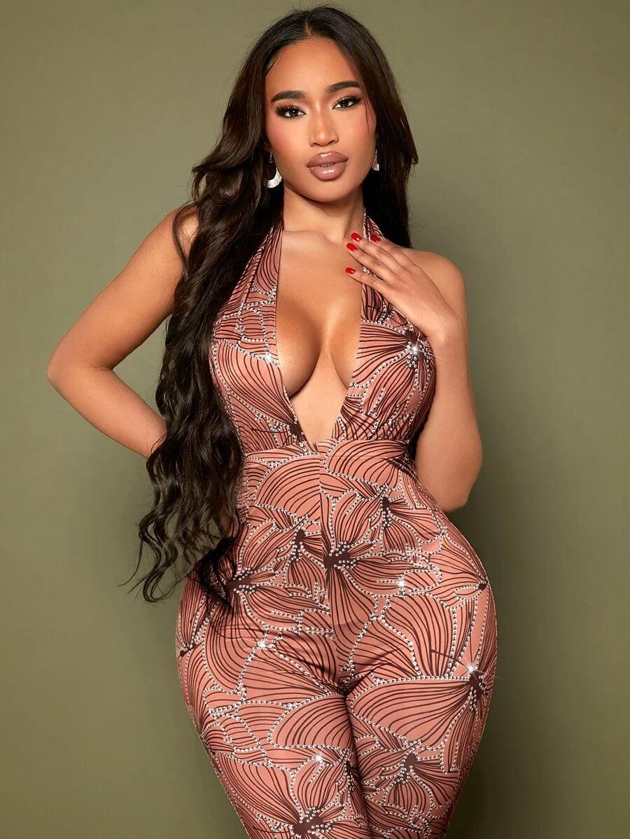 Allover Print Tie Backless Ruffle Jumpsuit-Comfy Jumpsuits