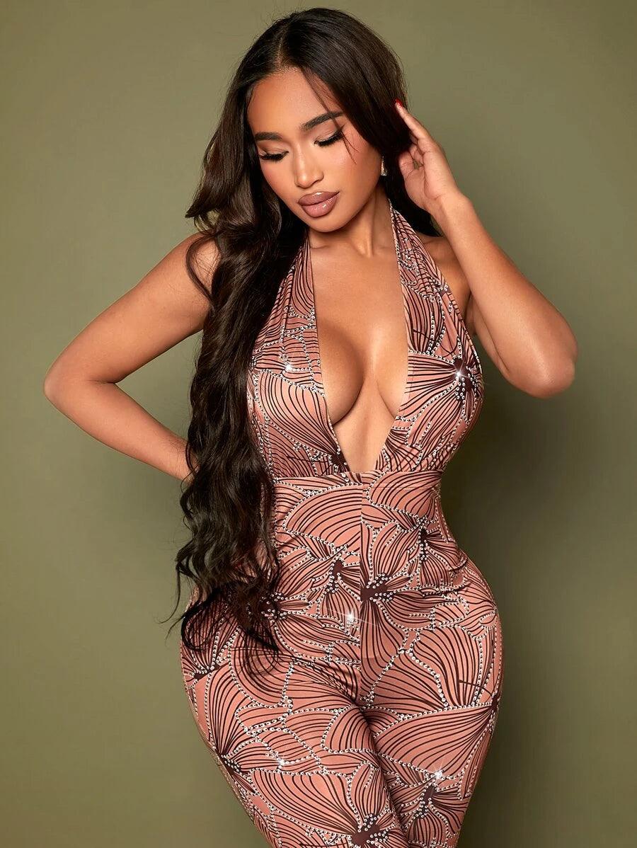 Allover Print Tie Backless Ruffle Jumpsuit-Comfy Jumpsuits