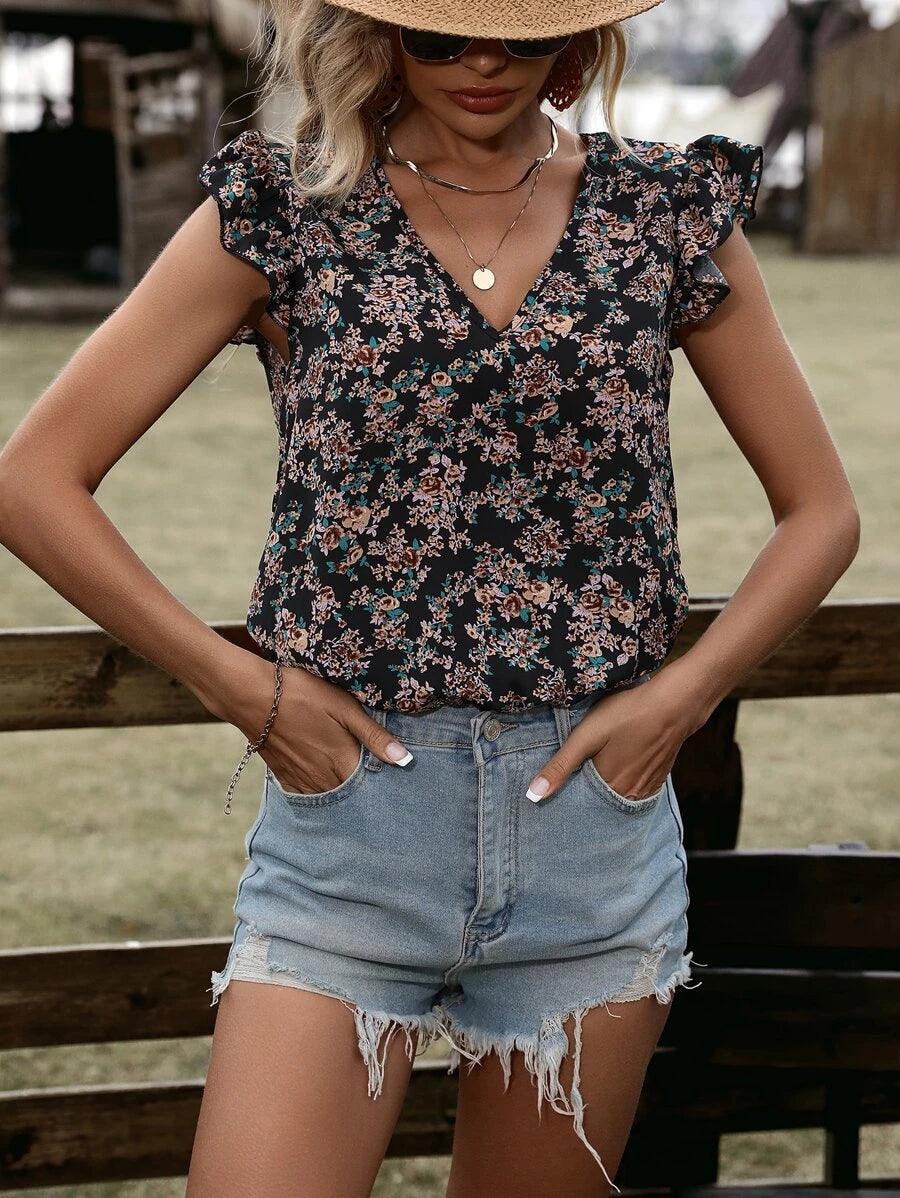 Floral Print Contrast Lace Tie Back Butterfly Sleeve Bodysuit-Comfy Jumpsuits