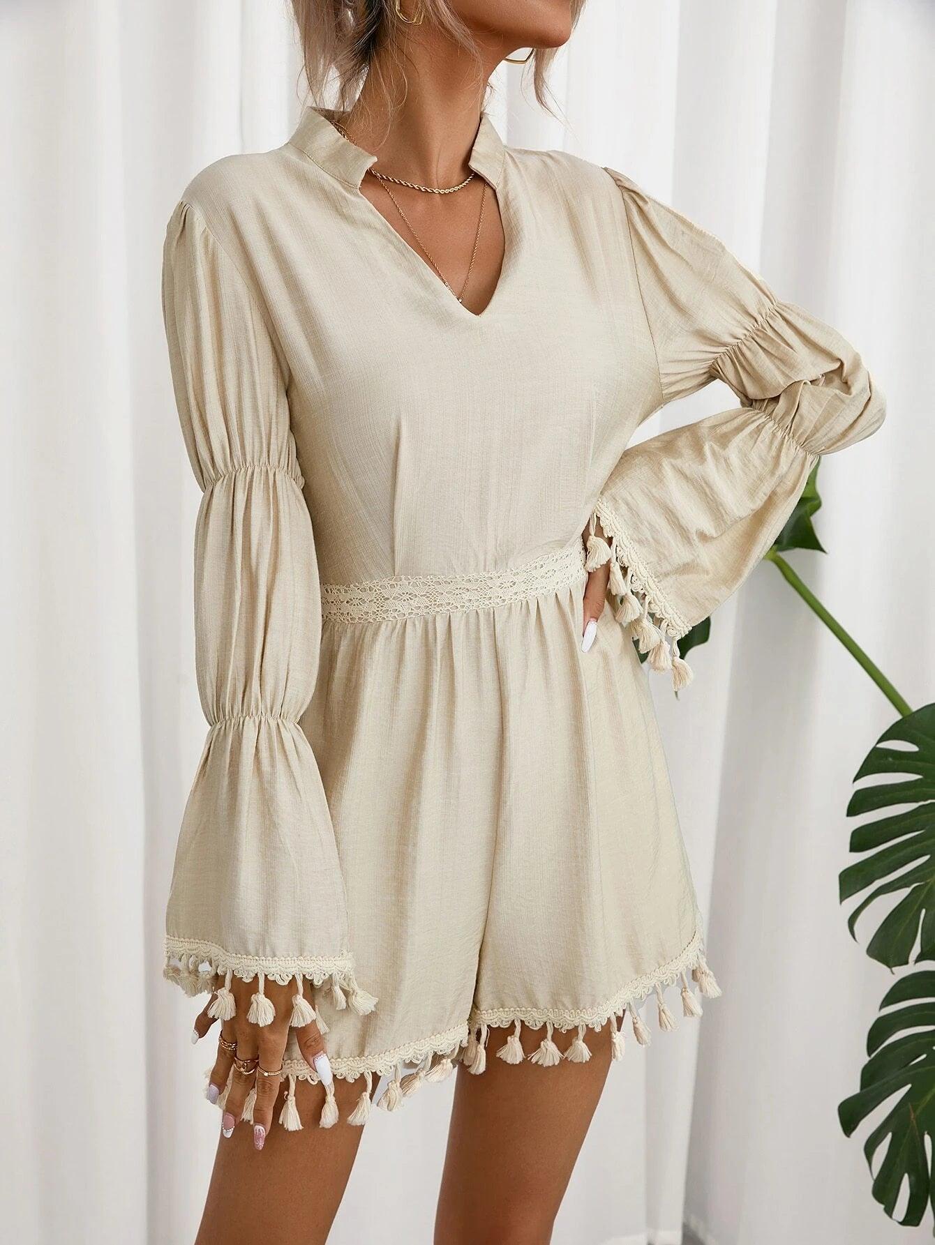 Tassel Trim Notched Neck Romper-Comfy Jumpsuits