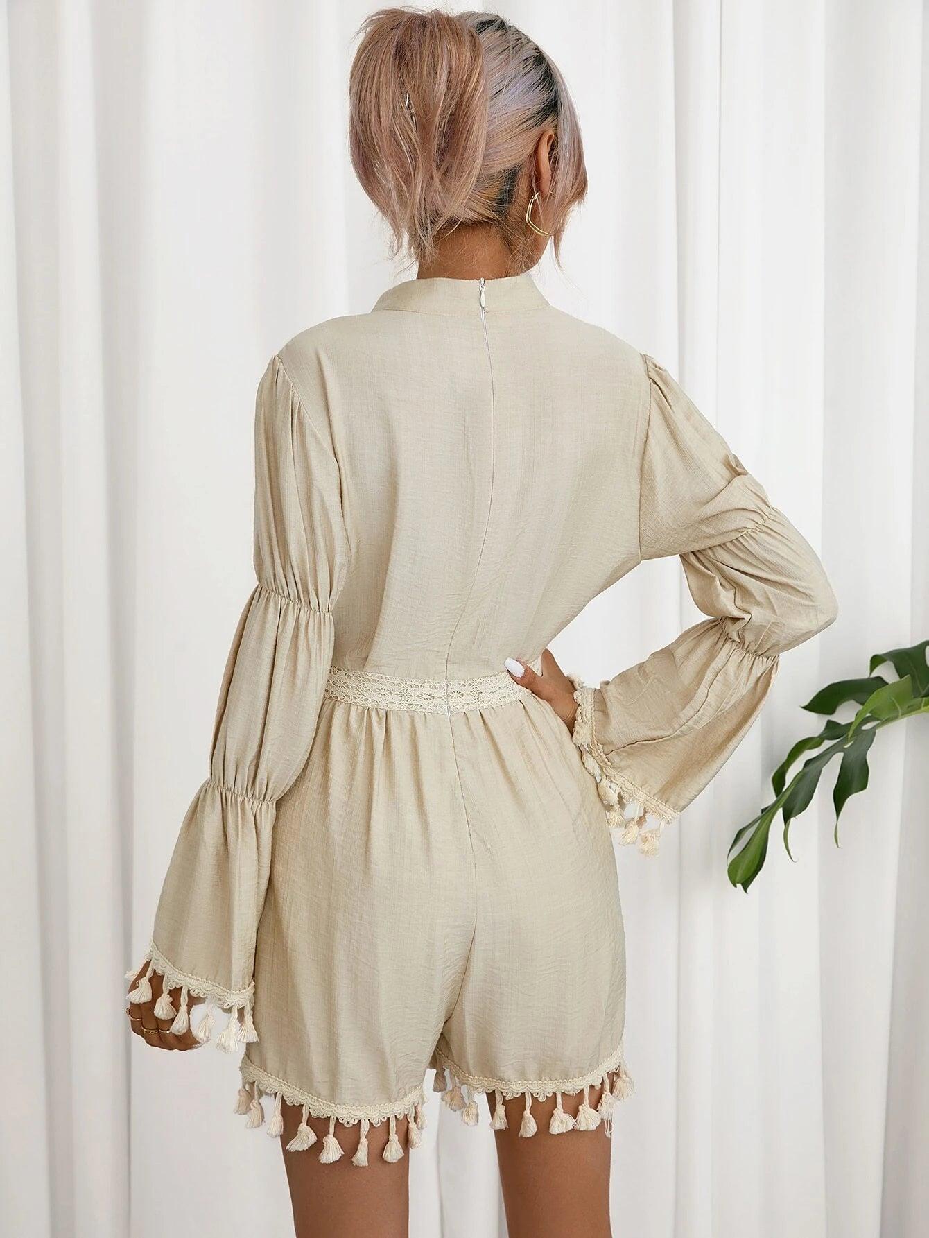 Tassel Trim Notched Neck Romper-Comfy Jumpsuits