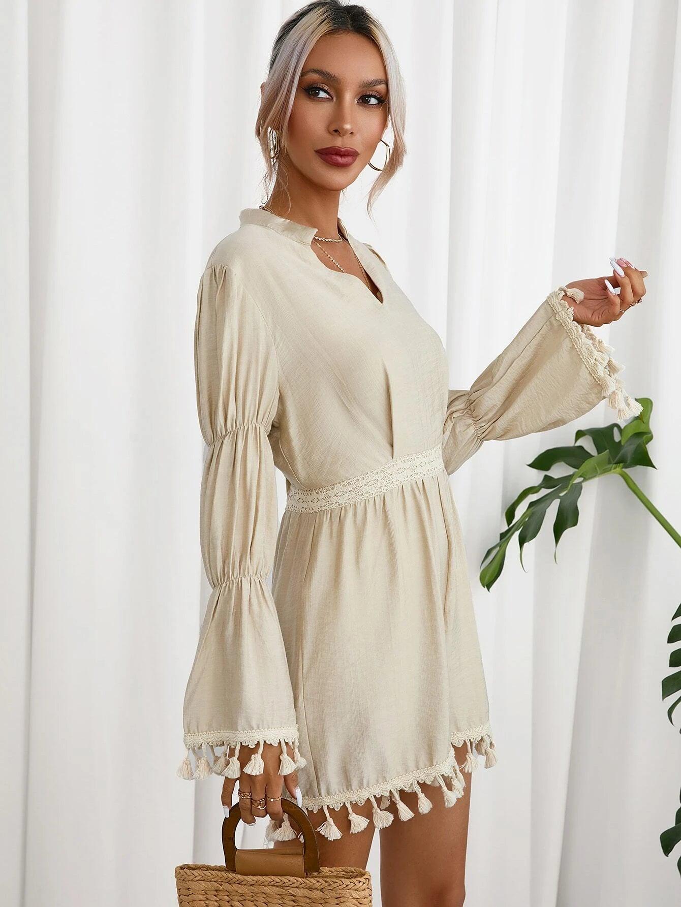 Tassel Trim Notched Neck Romper-Comfy Jumpsuits