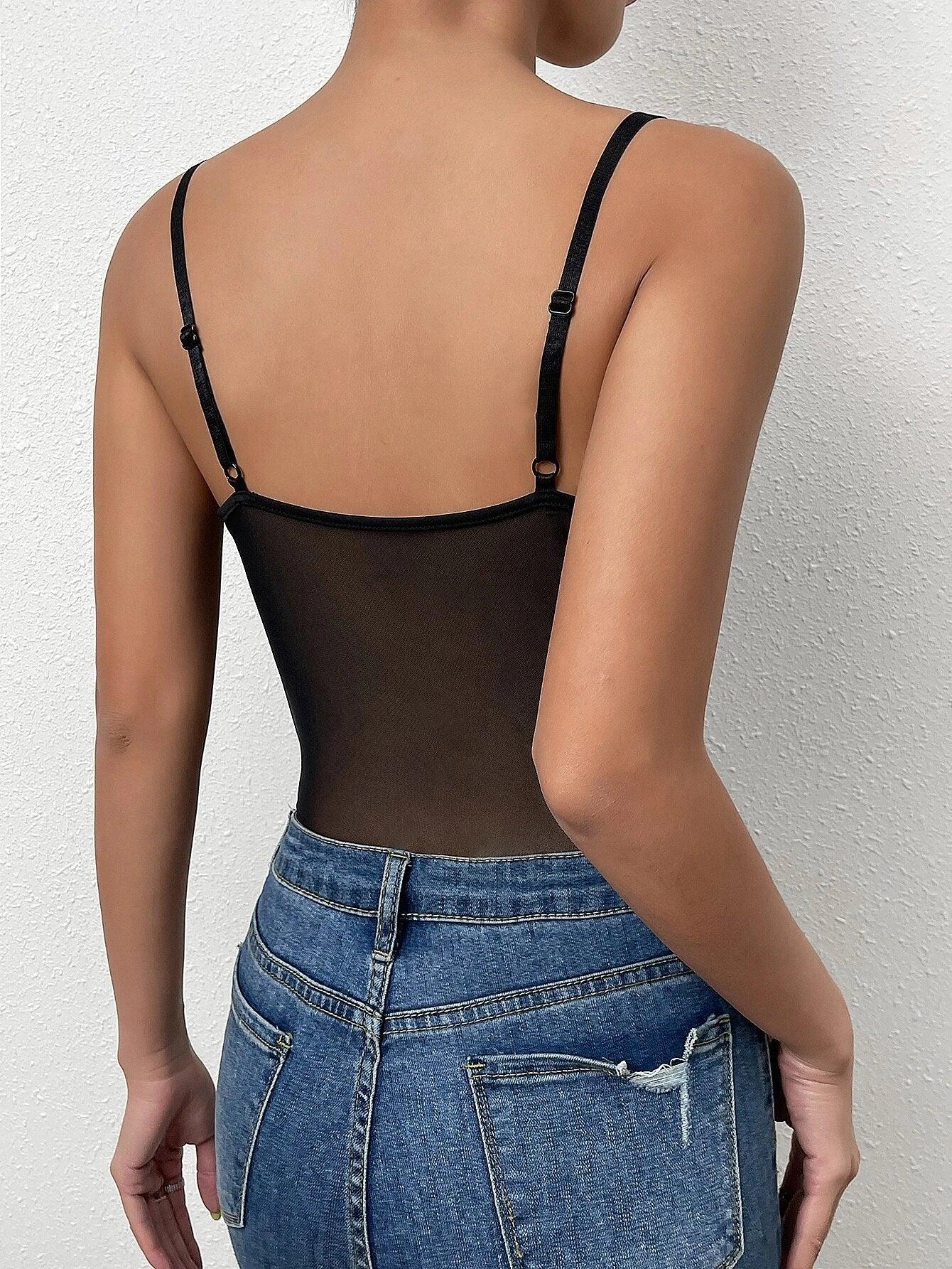 Slim Fit Mesh Cami Bodysuit-Comfy Jumpsuits