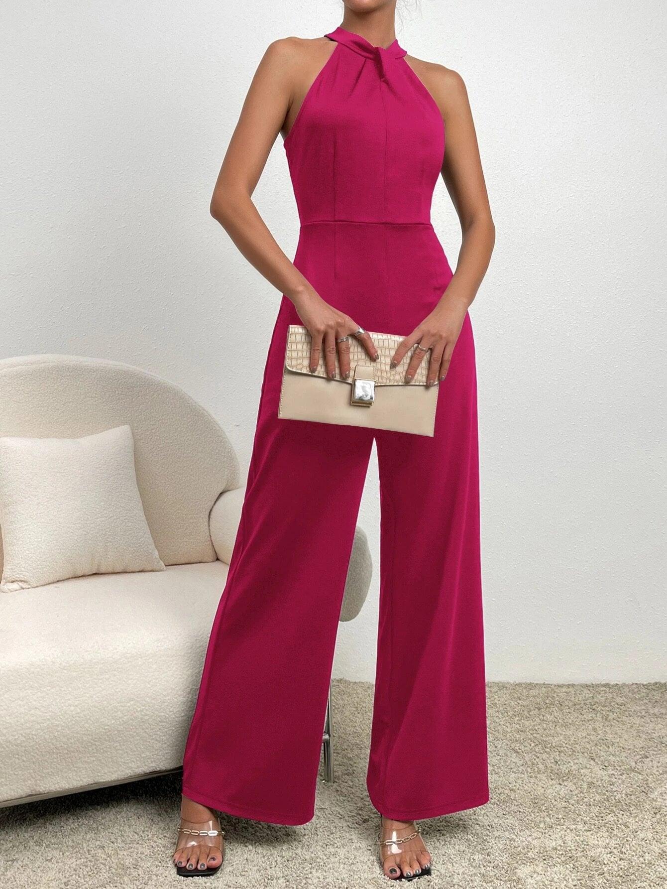 Back Halter Neck Wide Leg Jumpsuit-Comfy Jumpsuits