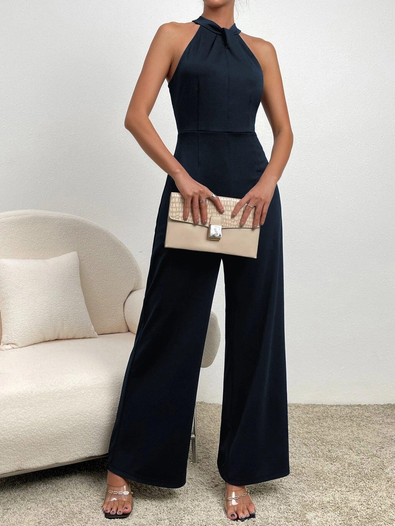Back Halter Neck Wide Leg Jumpsuit-Comfy Jumpsuits
