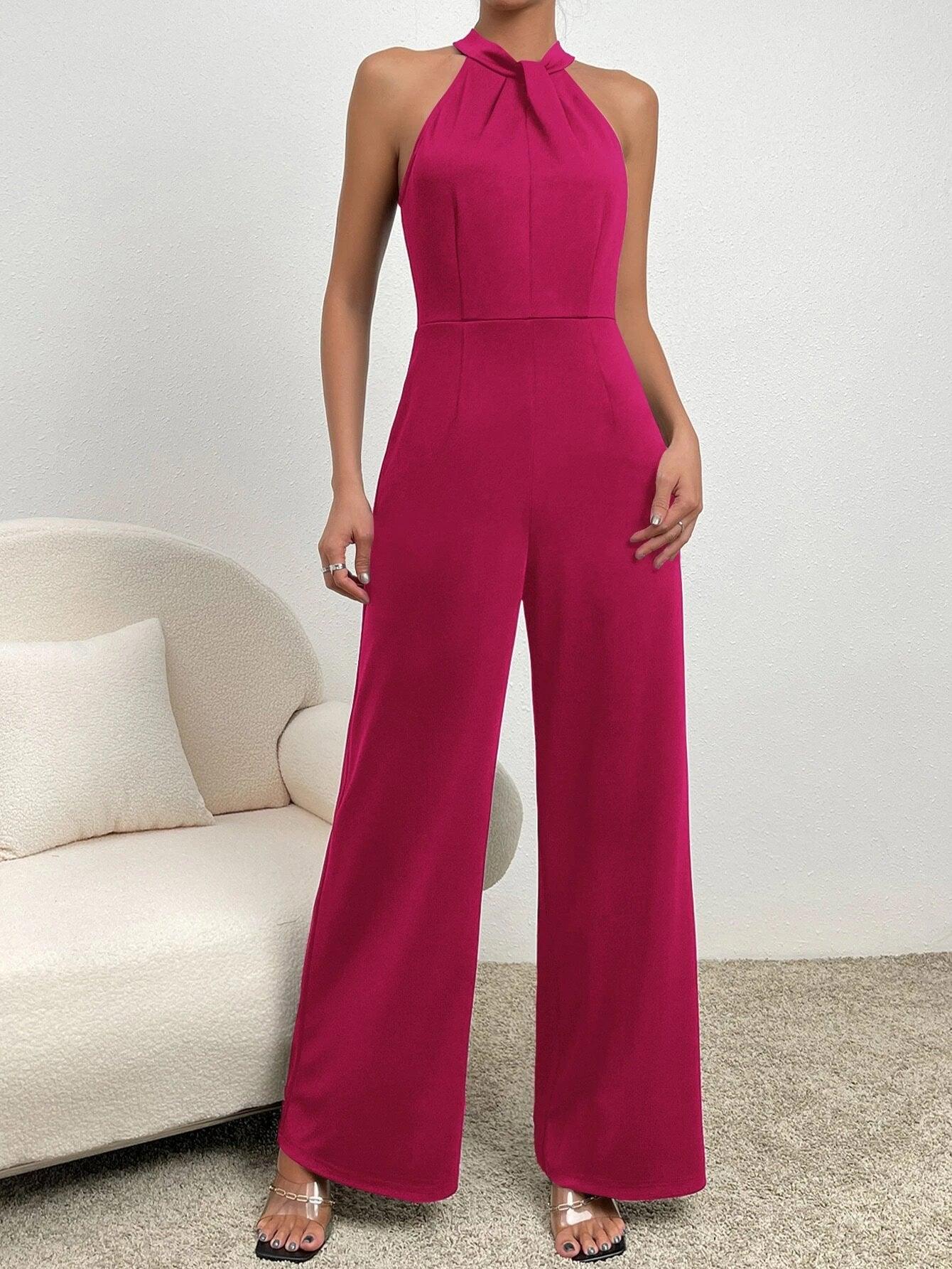 Back Halter Neck Wide Leg Jumpsuit-Comfy Jumpsuits