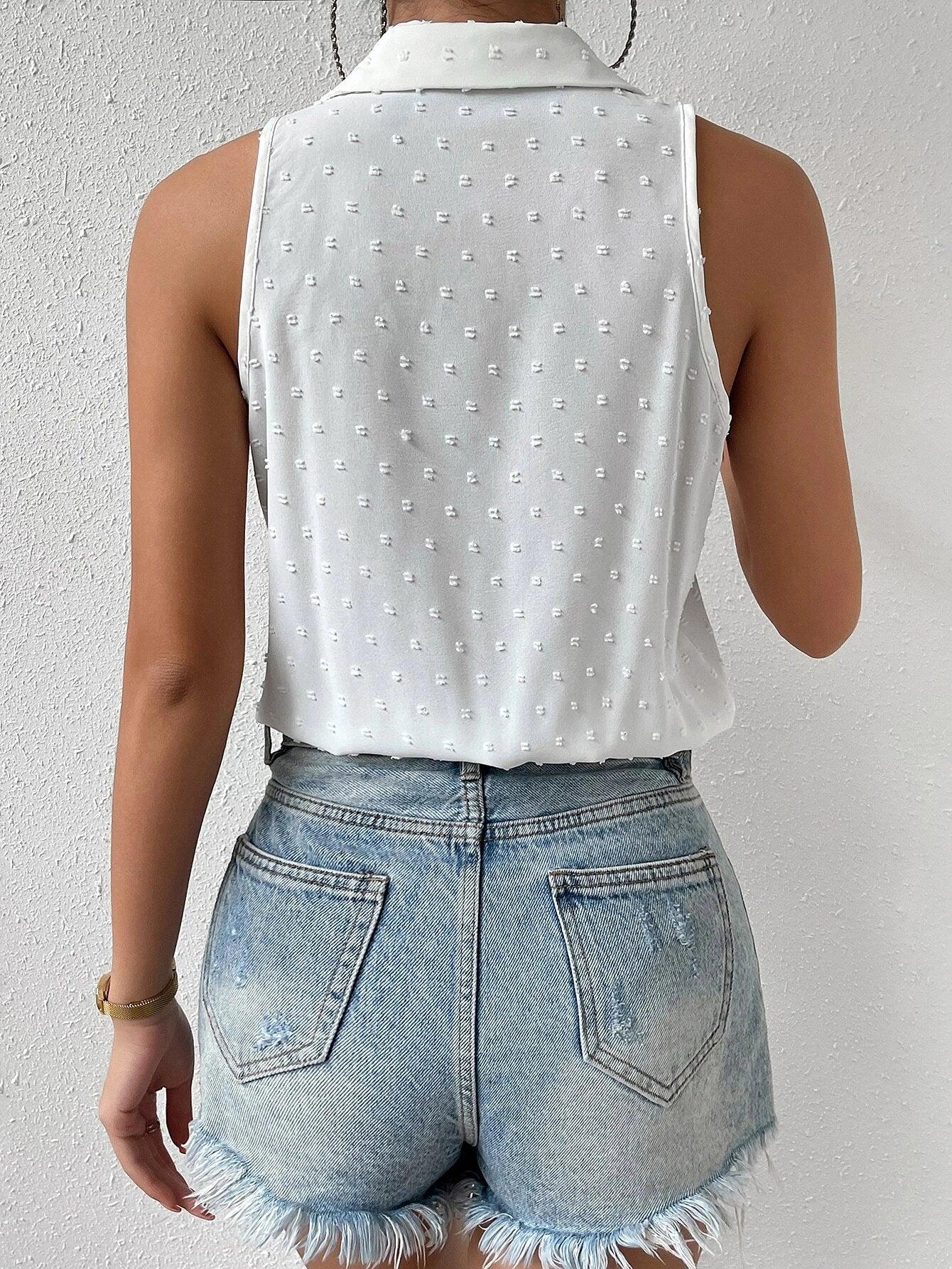 Swiss Dot Button Front Shirt Bodysuit-Comfy Jumpsuits