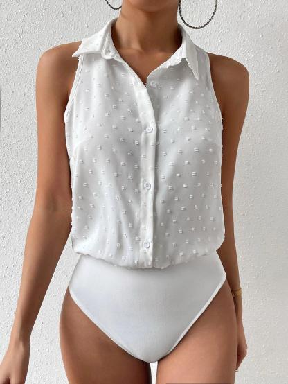 Swiss Dot Button Front Shirt Bodysuit-Comfy Jumpsuits