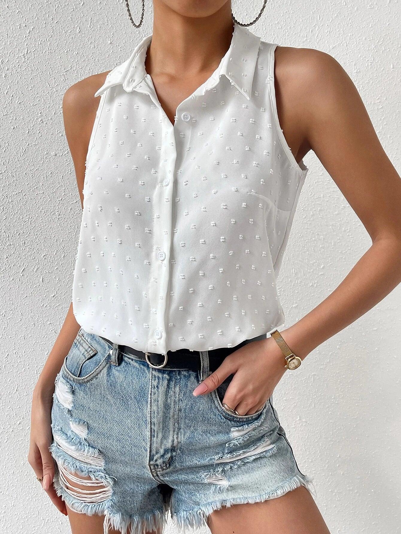 Swiss Dot Button Front Shirt Bodysuit-Comfy Jumpsuits