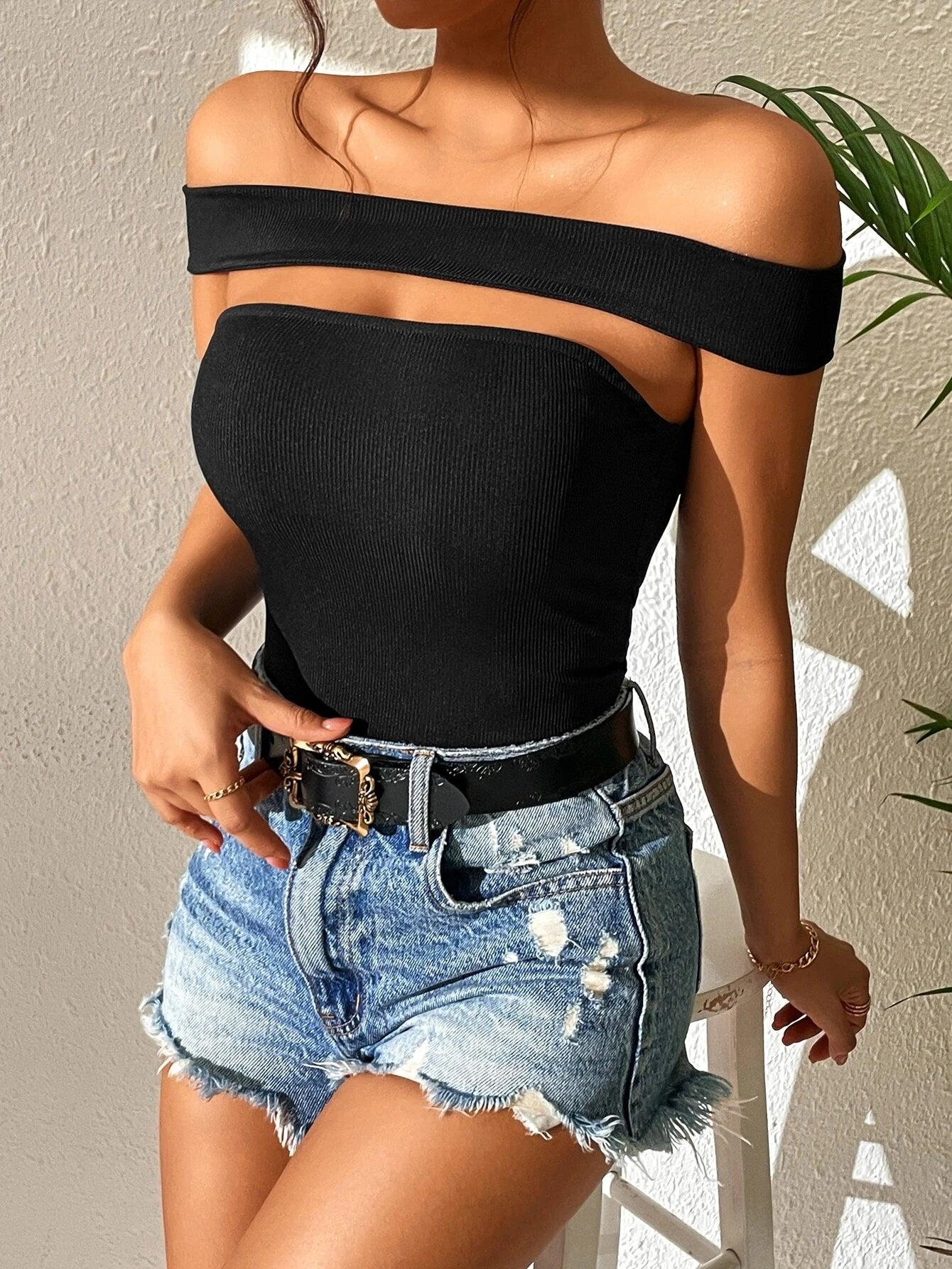 Plain Off Shoulder Bodysuit-Comfy Jumpsuits