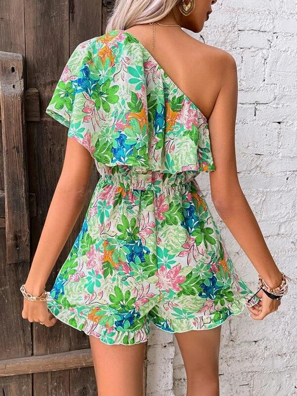 Plants Print One Shoulder Ruffle Boho Romper Without Belt-Comfy Jumpsuits