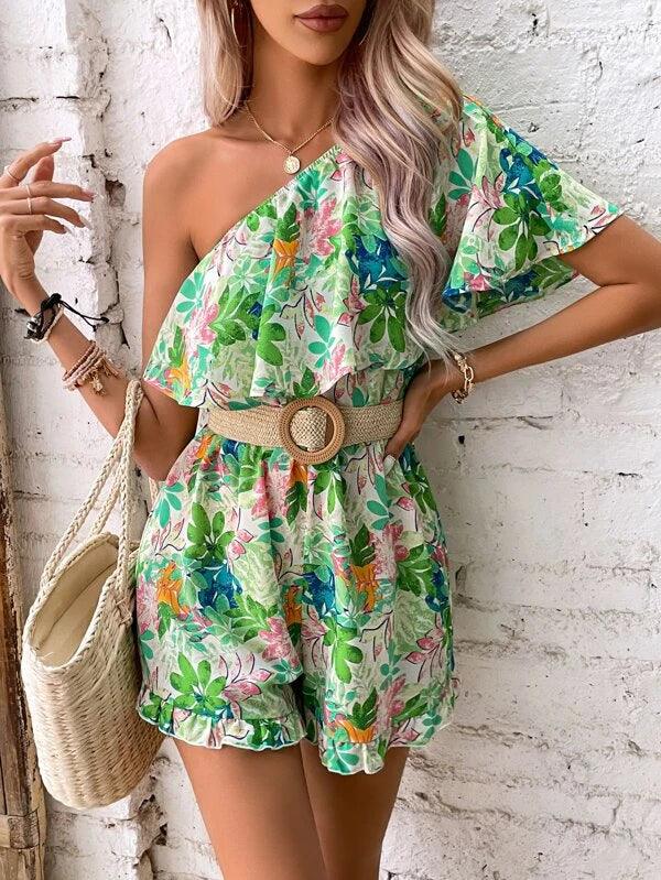 Plants Print One Shoulder Ruffle Boho Romper Without Belt-Comfy Jumpsuits