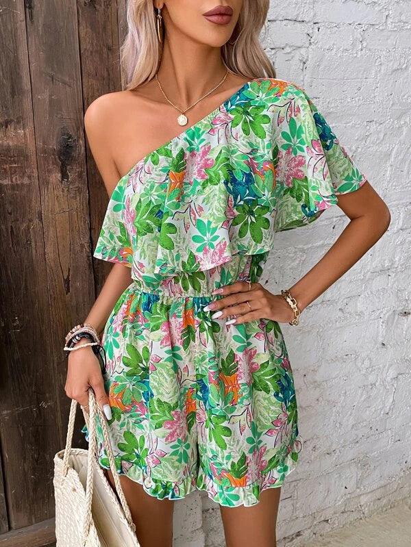 Plants Print One Shoulder Ruffle Boho Romper Without Belt-Comfy Jumpsuits