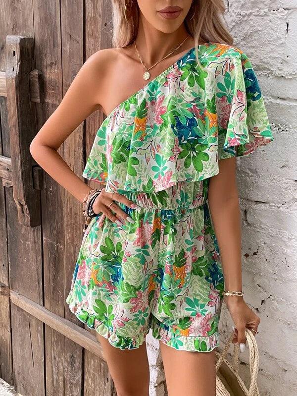 Plants Print One Shoulder Ruffle Boho Romper Without Belt-Comfy Jumpsuits