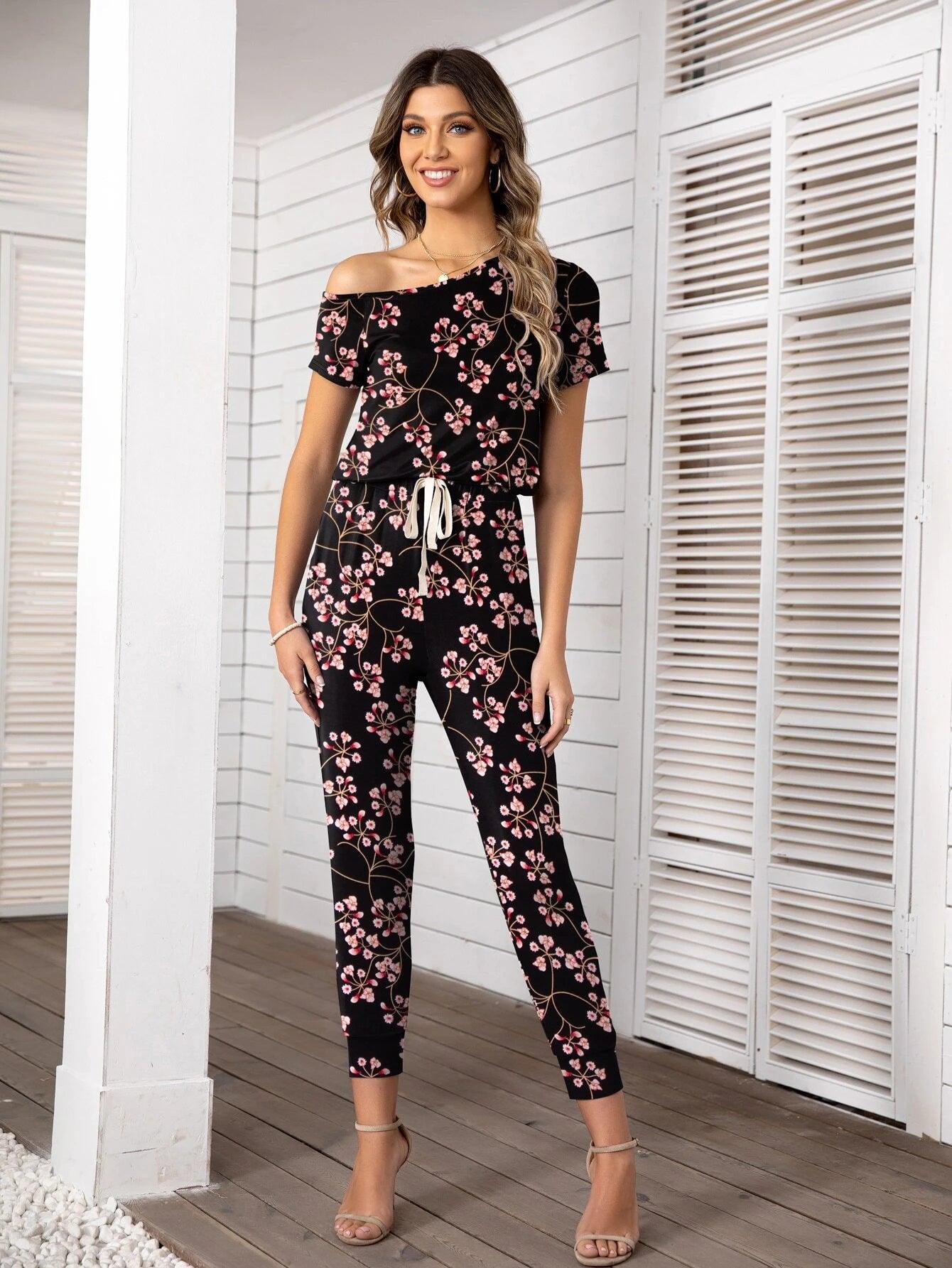 Floral Print Asymmetrical Neck Knot Front Jumpsuit-Comfy Jumpsuits
