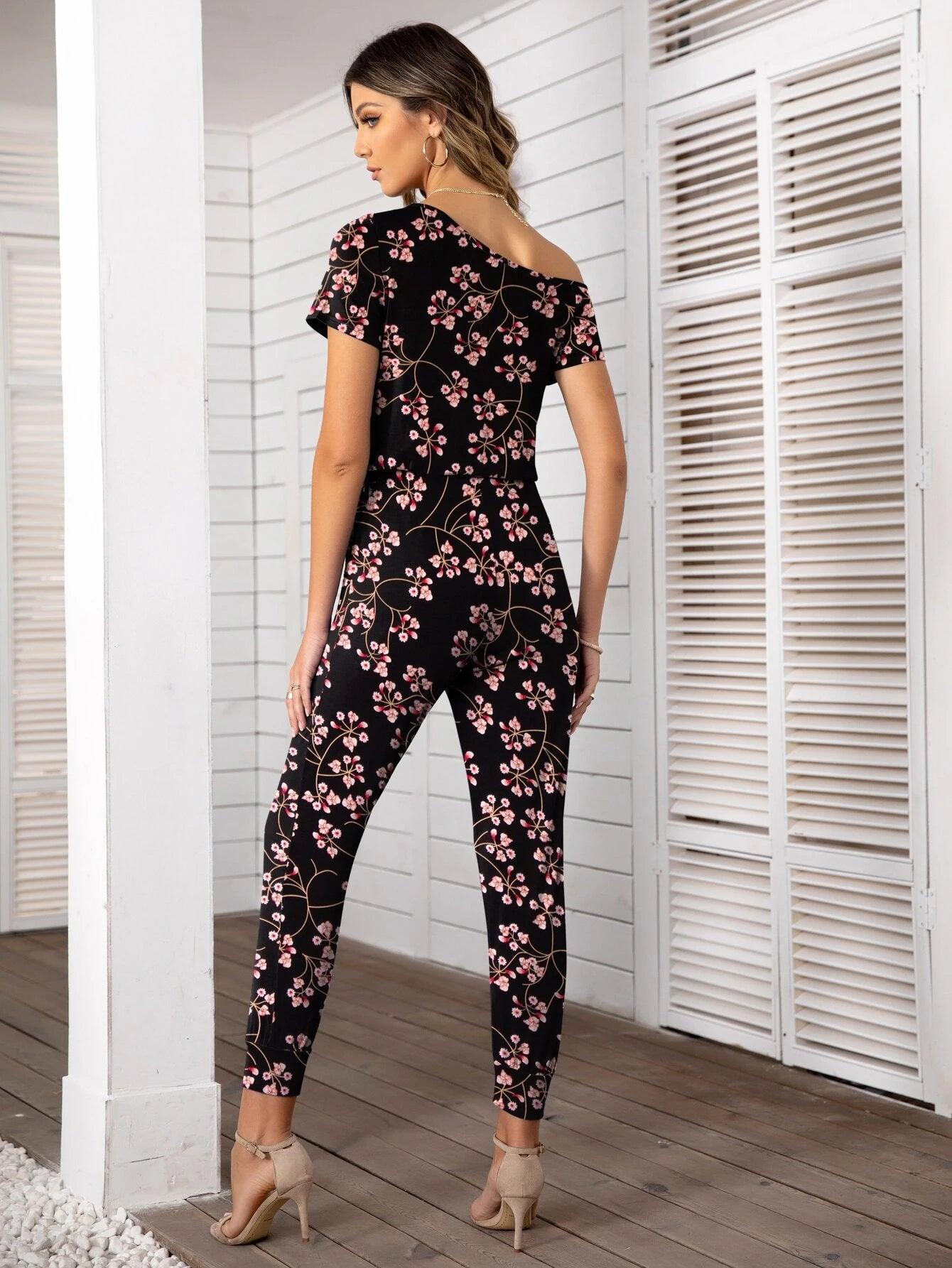 Floral Print Asymmetrical Neck Knot Front Jumpsuit-Comfy Jumpsuits