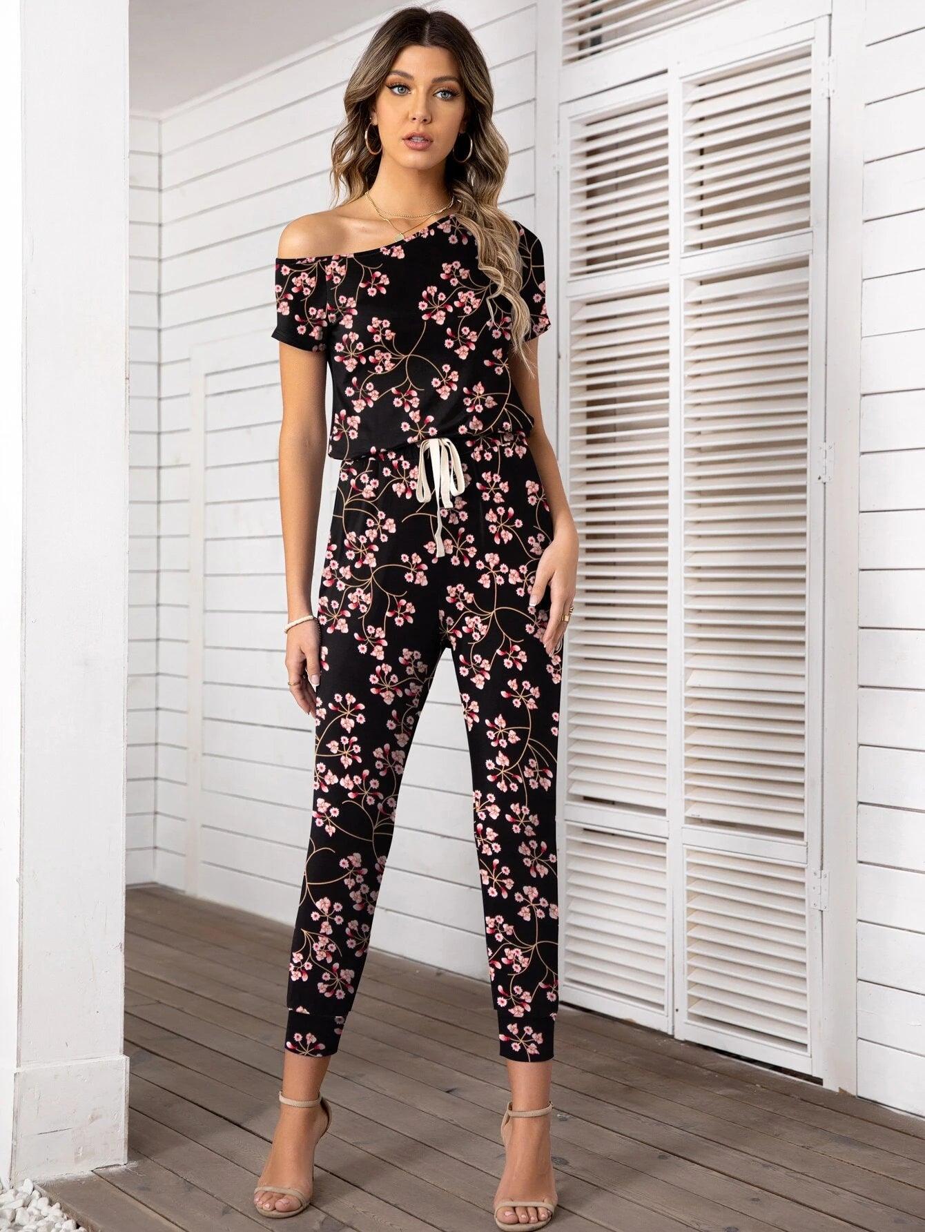 Floral Print Asymmetrical Neck Knot Front Jumpsuit-Comfy Jumpsuits