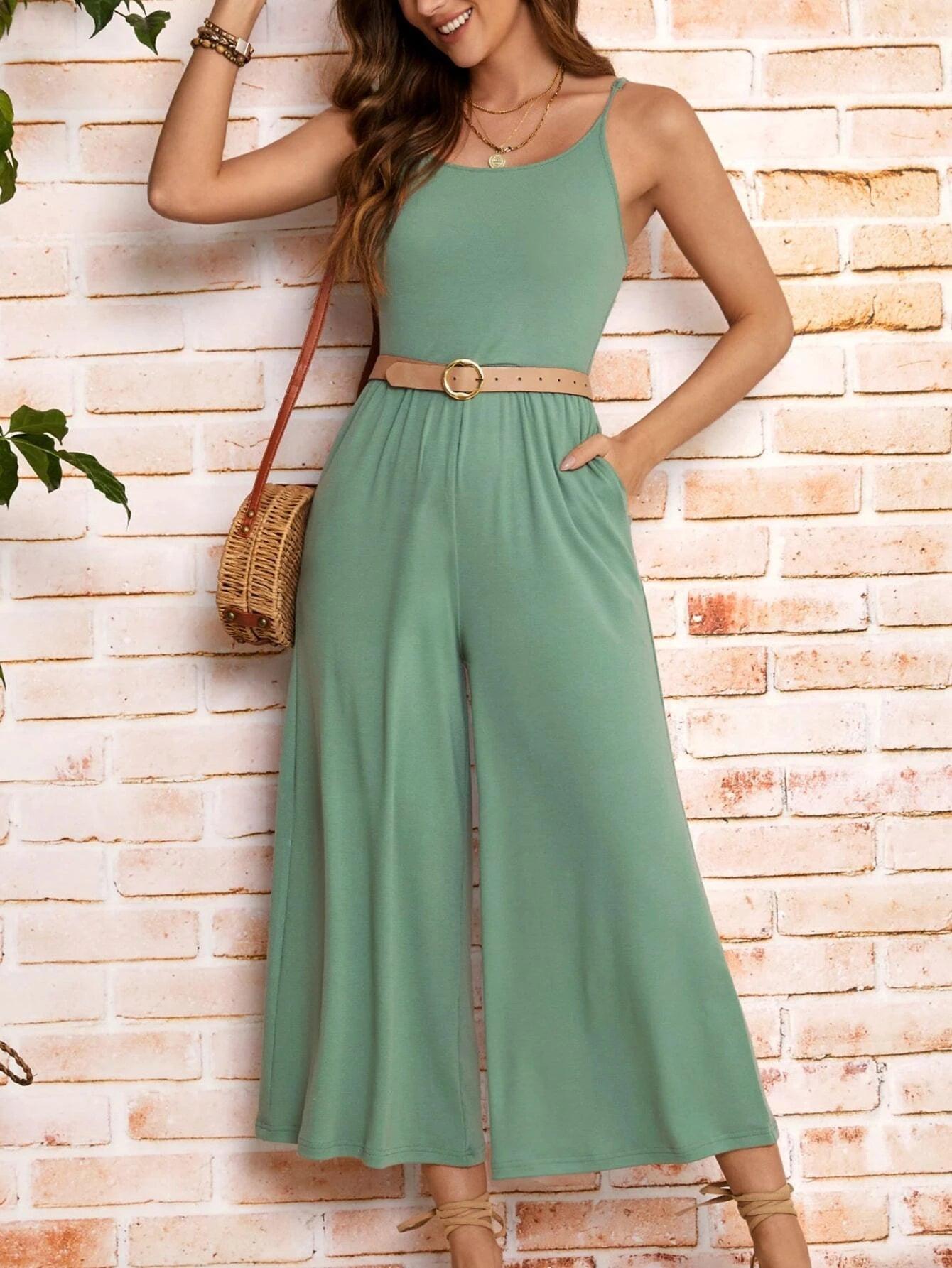 Solid Coloured Cami Jumpsuit Without Belt-Comfy Jumpsuits
