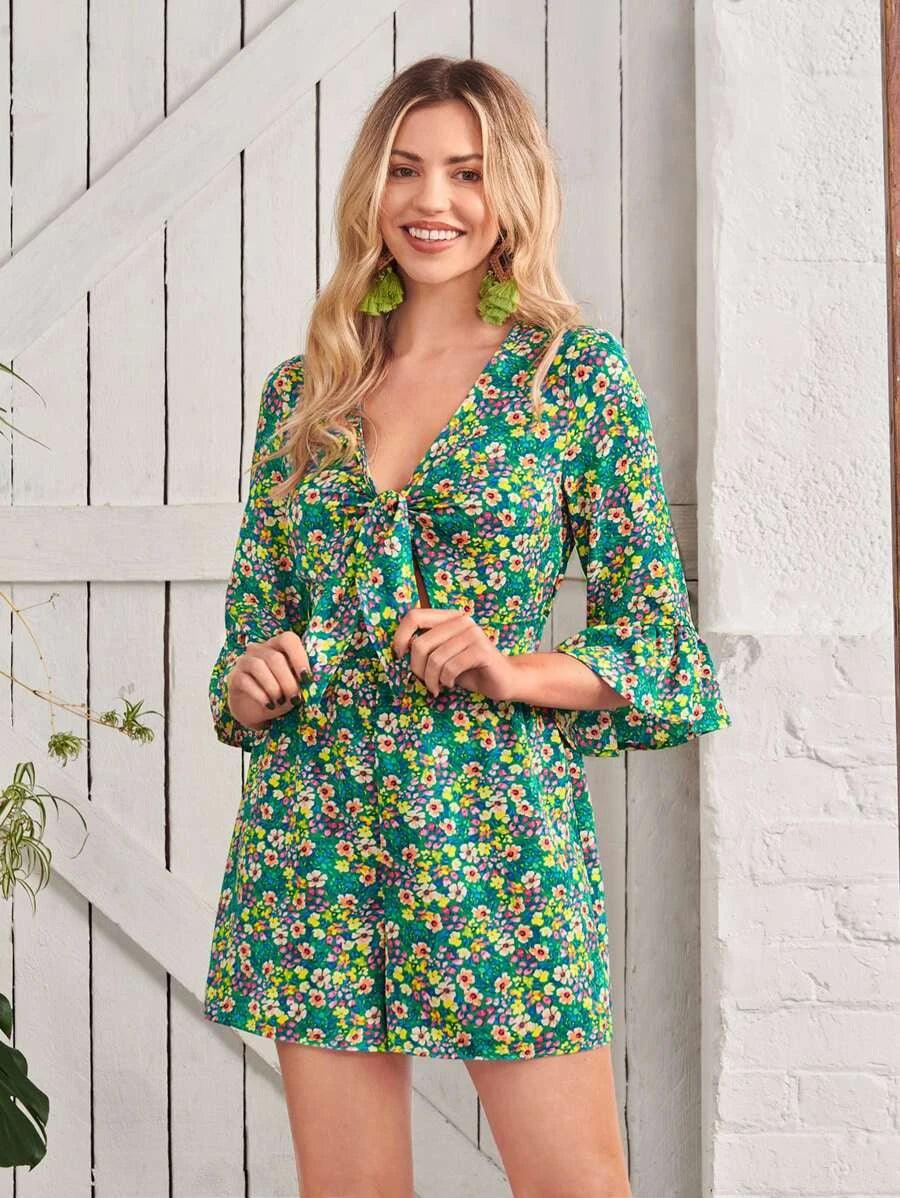 Floral Print Knot Front Flounce Sleeve Romper-Comfy Jumpsuits