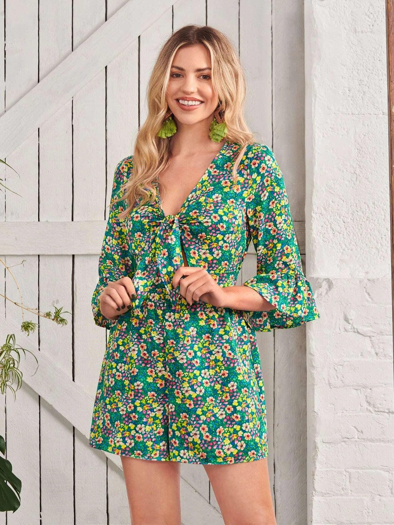 Floral Print Knot Front Romper-Comfy Jumpsuits