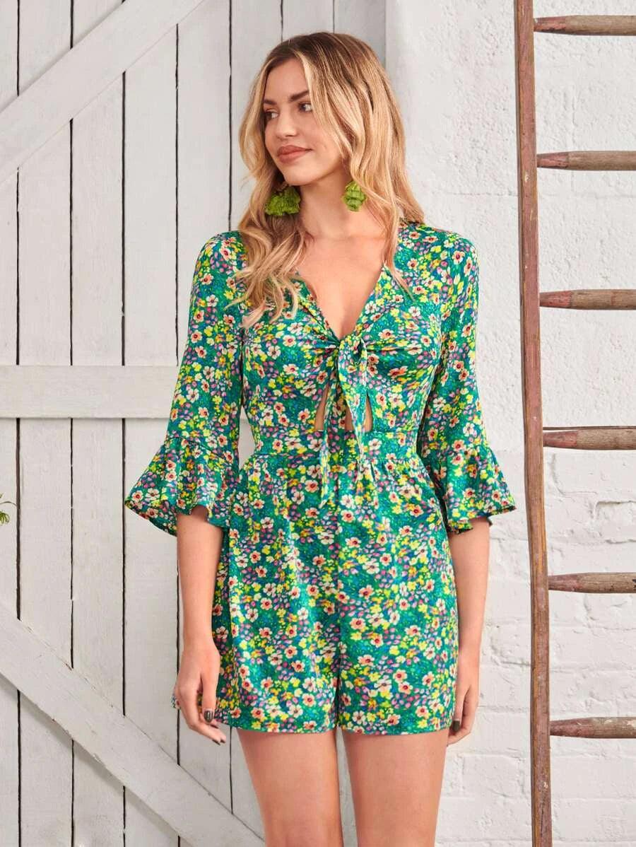 Floral Print Knot Front Flounce Sleeve Romper-Comfy Jumpsuits