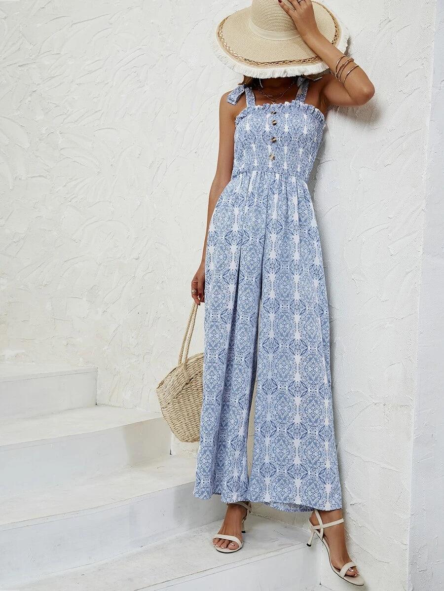 Allover Print Tie Shoulder Wide Leg Cami Jumpsuit-Comfy Jumpsuits