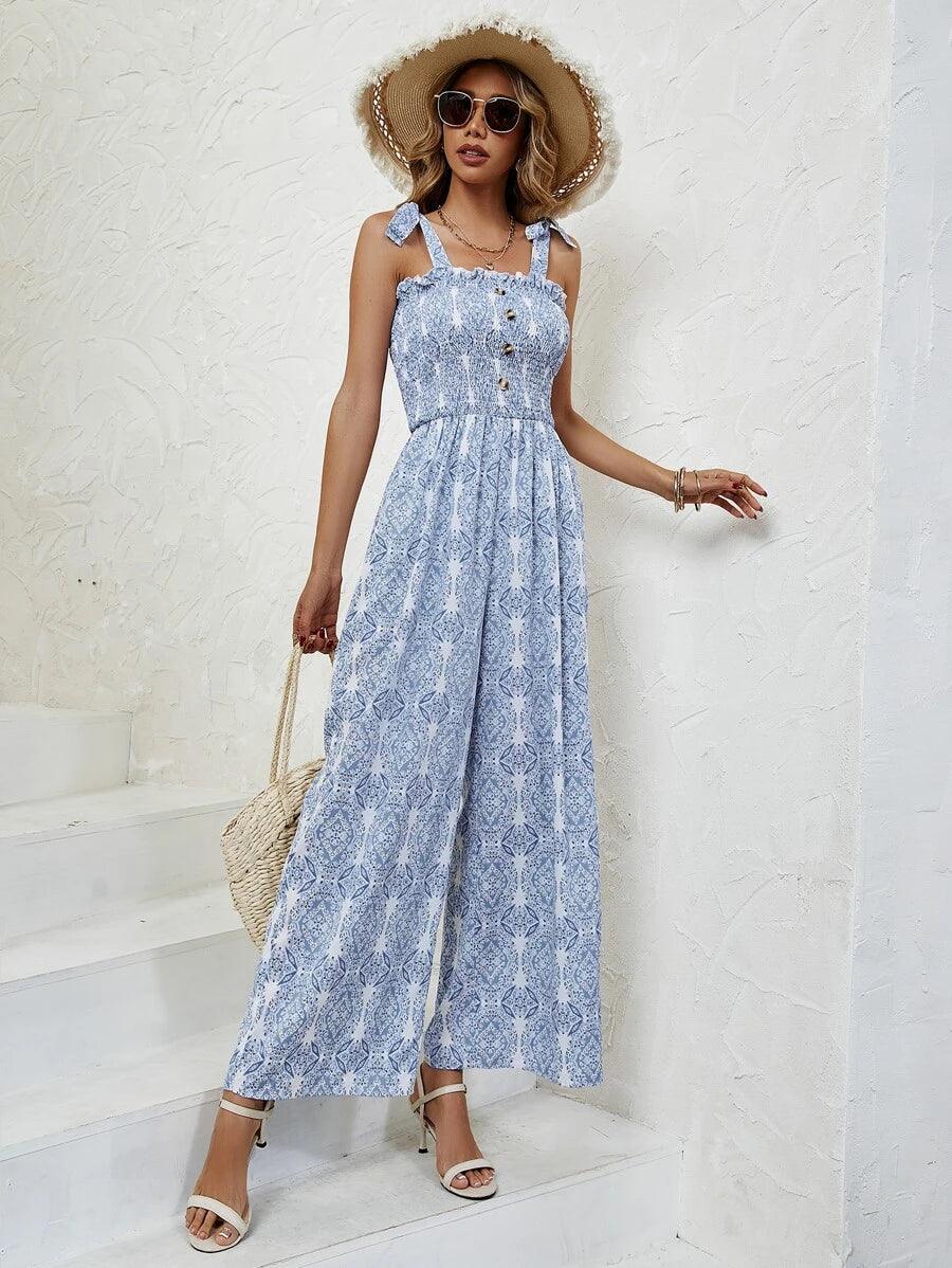 Allover Print Tie Shoulder Wide Leg Cami Jumpsuit-Comfy Jumpsuits