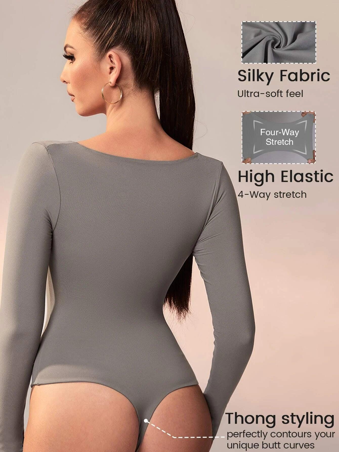 Scoop Neck High Stretch Long Sleeve Slim Fit Thong Bodysuit-Comfy Jumpsuits